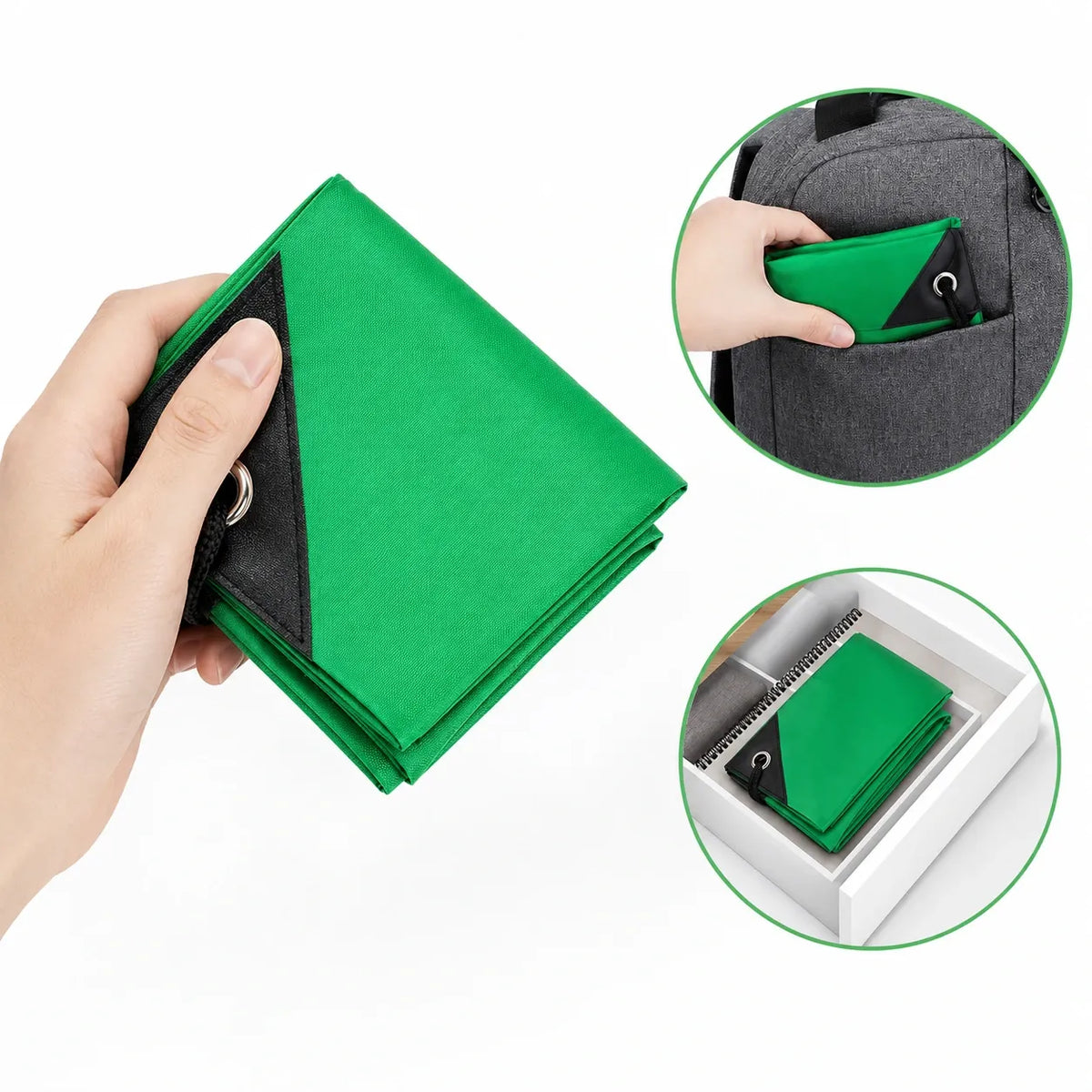 Green drawstring backpack folds compactly, shown held in hand with detail circles of side pocket and storage