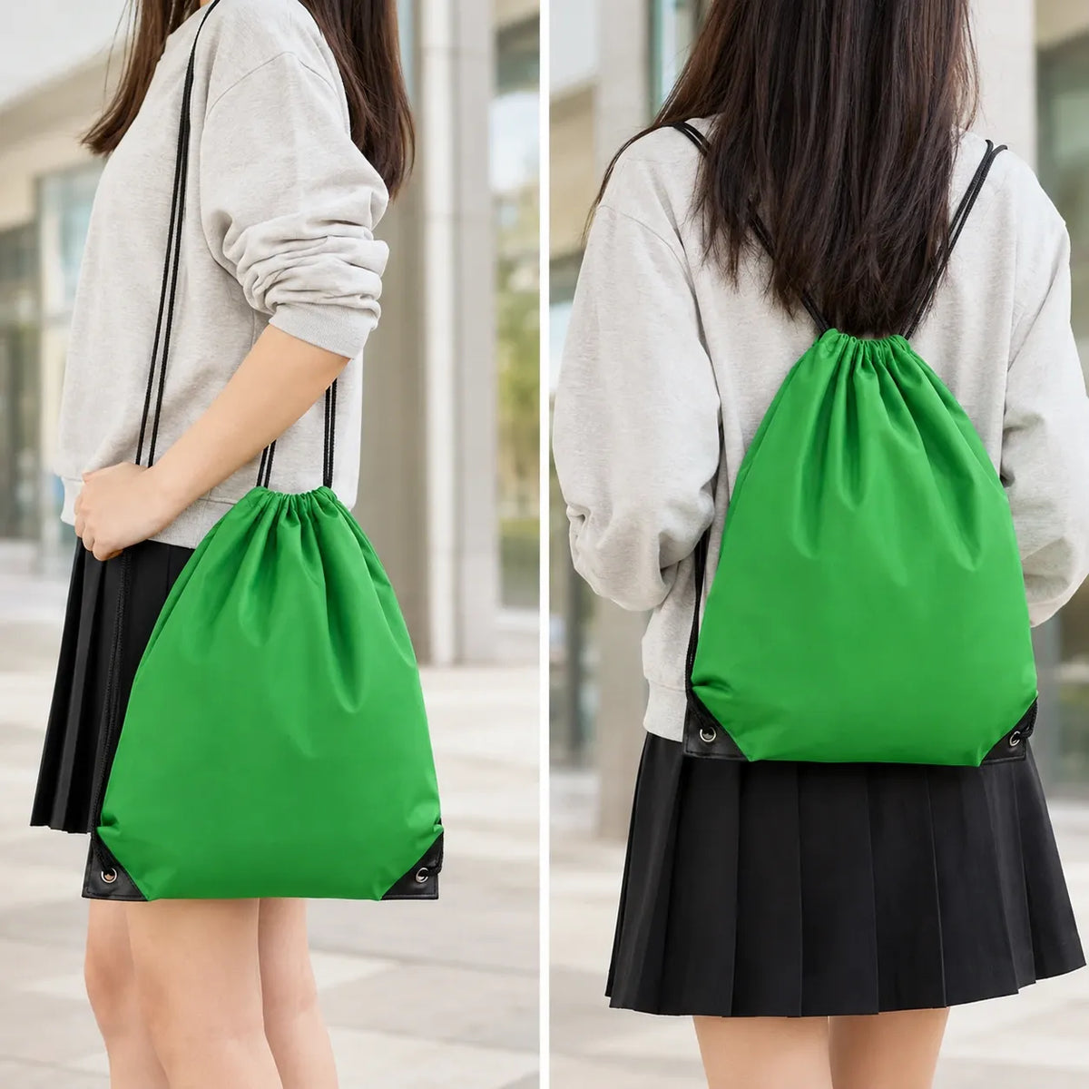 Green drawstring backpack worn as shoulder bag and back carry, shown on person in casual outdoor setting