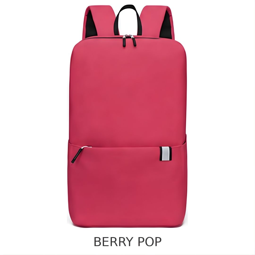 A pink backpack with black accents, including the top handle, zipper pulls, and interior padding, shown against a plain white background with the text 'BERRY POP' underneath.