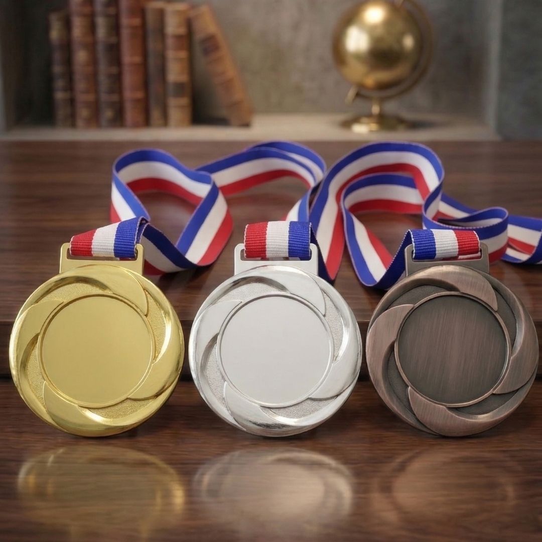 Gold, silver, and bronze medals with red, white, and blue ribbons on a wooden surface.