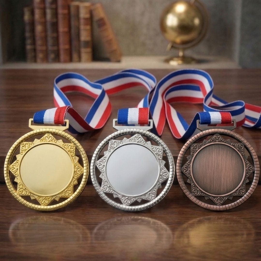 Gold, silver, and bronze medals with ribbons on a wooden surface.