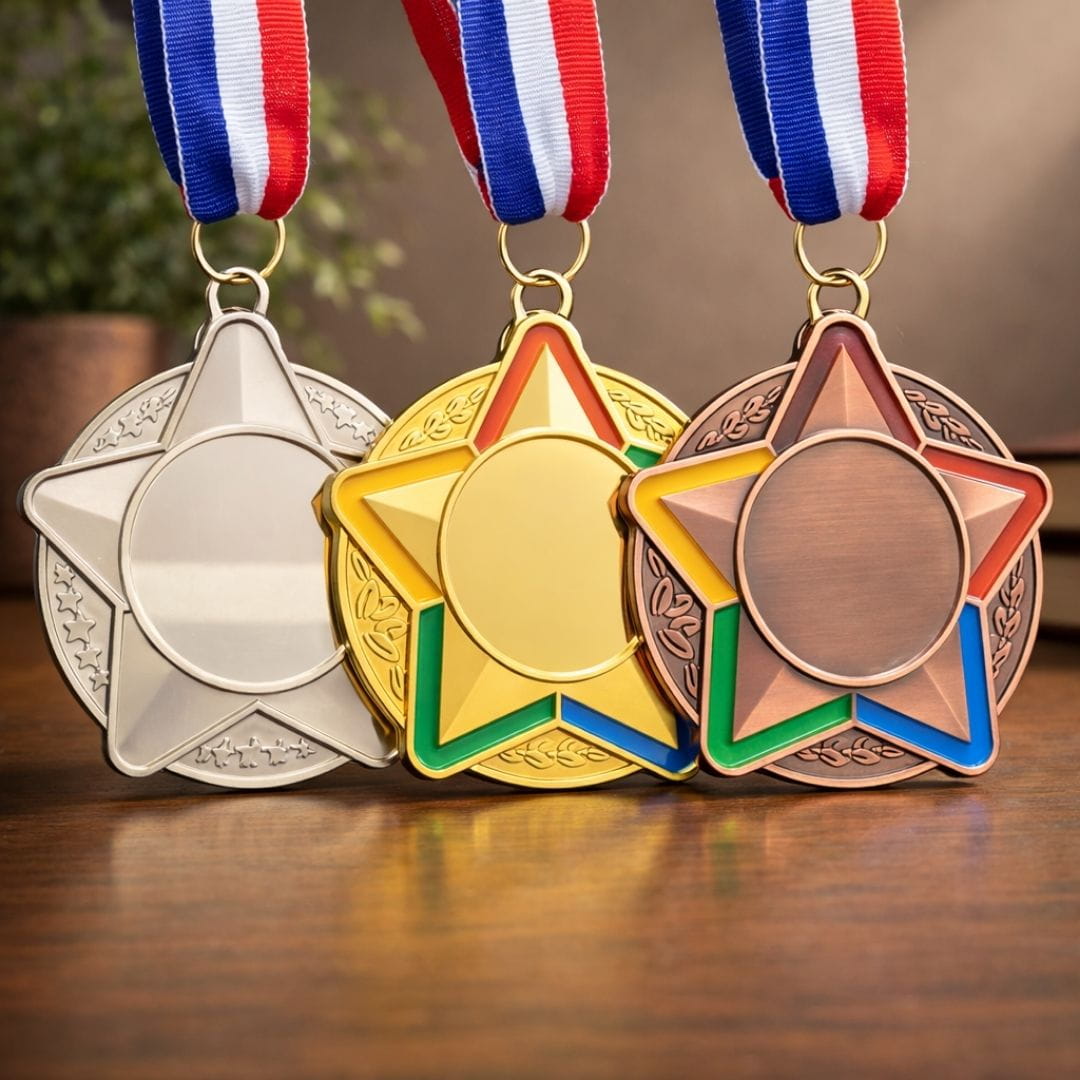 Gold, silver, and bronze medals with ribbons on a wooden surface