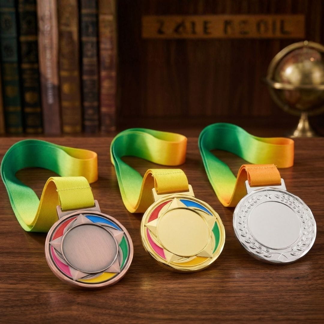 Three medals with colorful ribbons on a wooden surface, with books and a globe in the background.