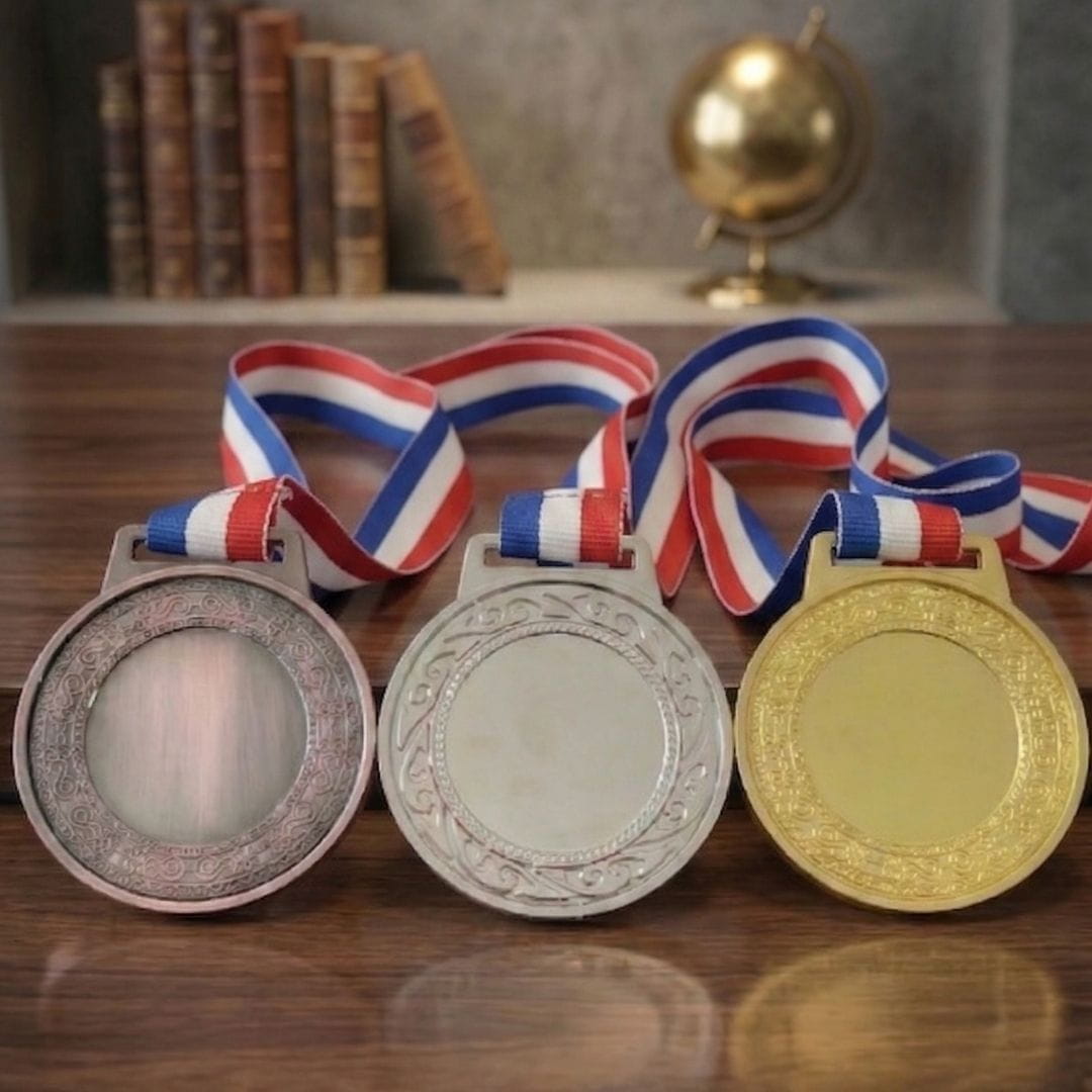 Three medals in gold, silver, and bronze with colorful ribbons on a wooden surface.
