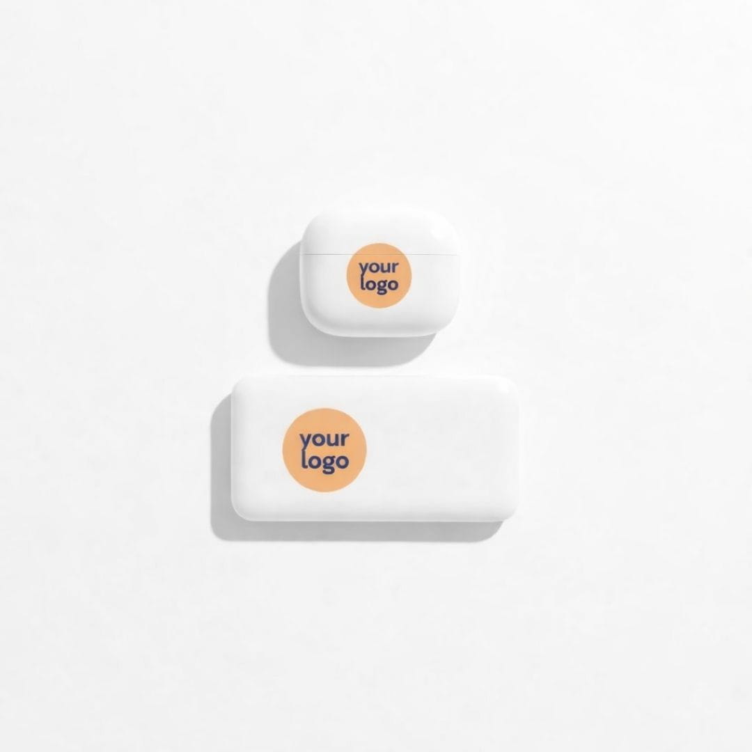 White wireless earbuds with 'your logo' text on a light gray background
