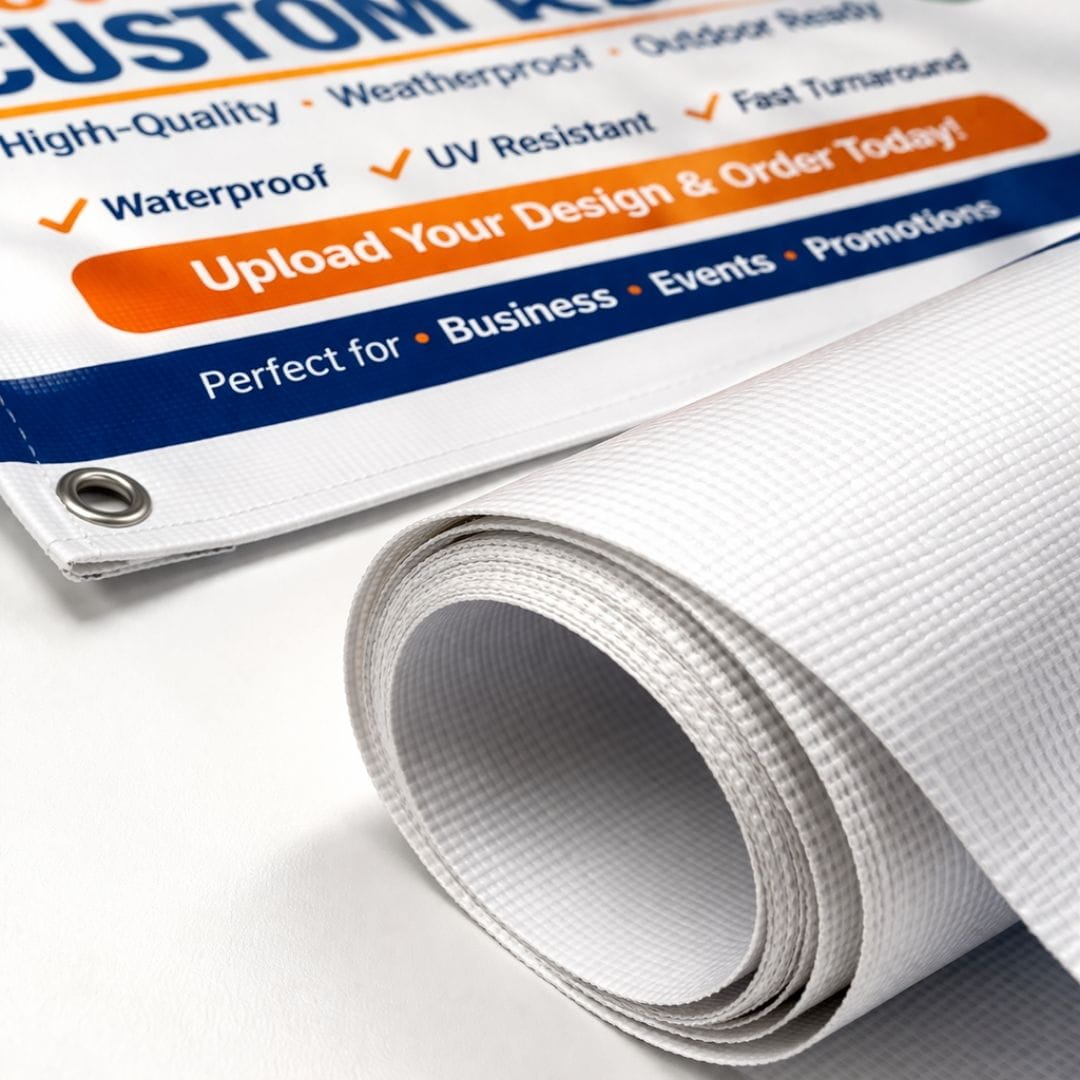 Roll of white vinyl with promotional text overlay on a white background