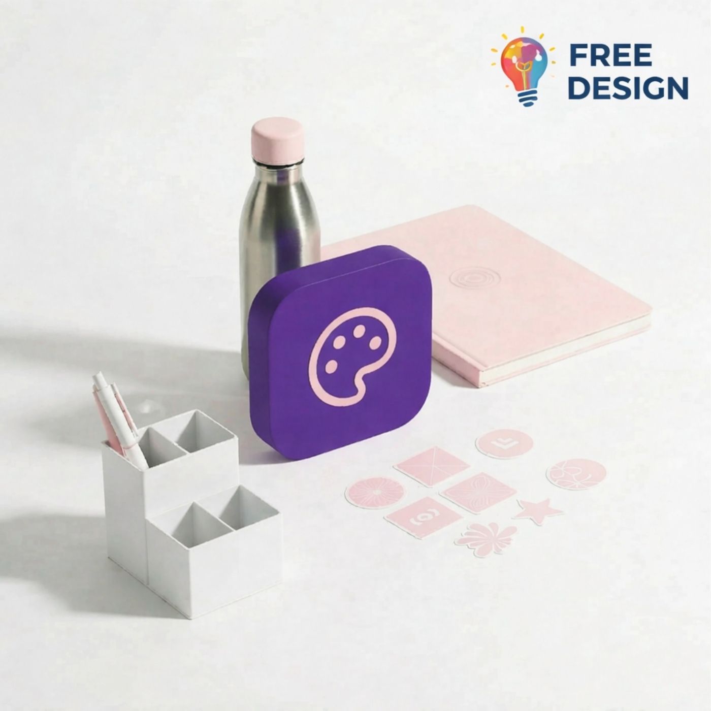 Purple box with a logo, silver water bottle, and pink notebook on a white surface