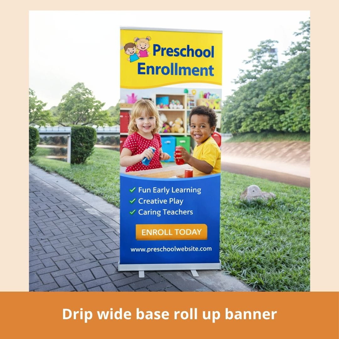 Roll-up banner for preschool enrollment with children in a classroom setting.