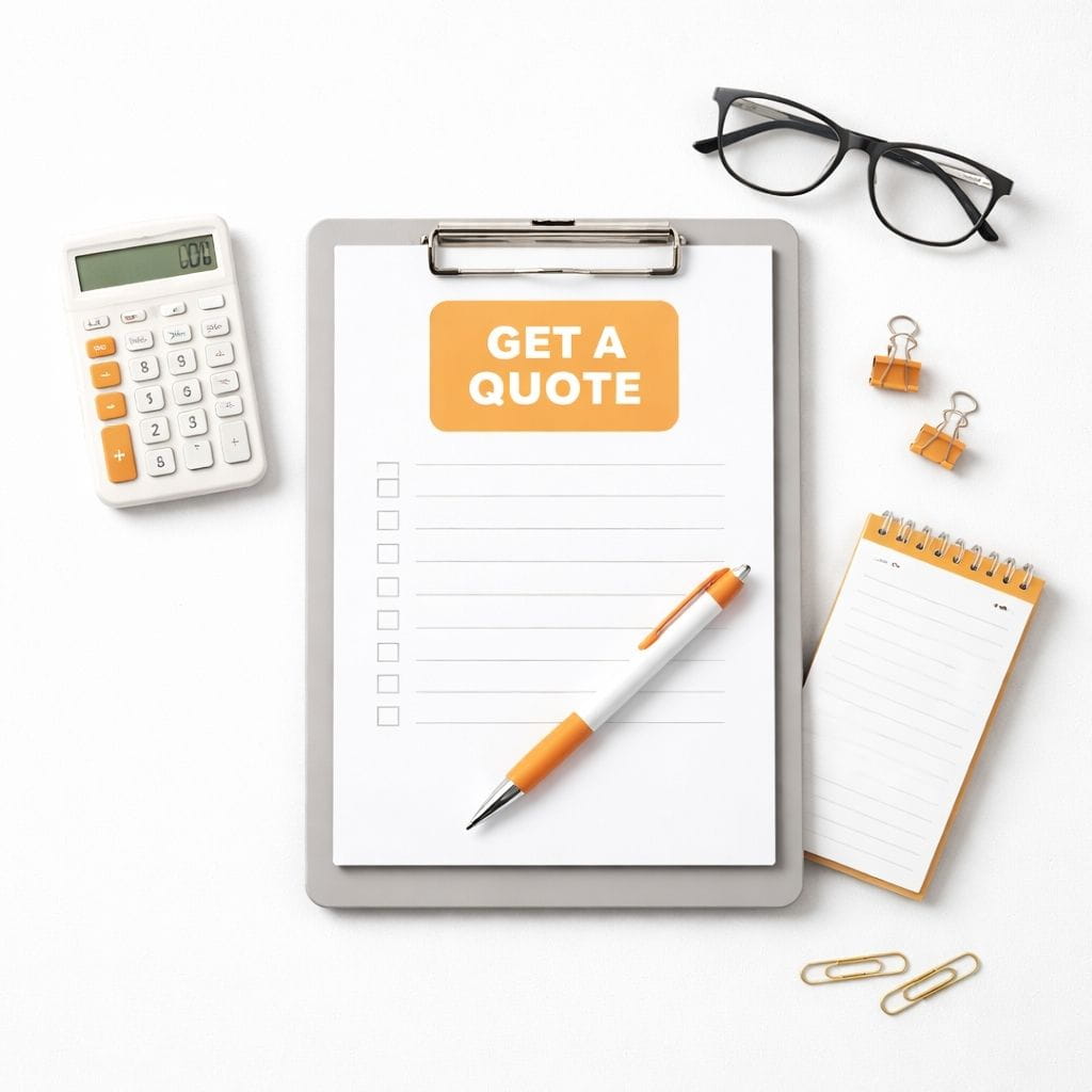 Clipboard with 'Get a Quote' sign, calculator, pen, glasses, and notepad on a white background
