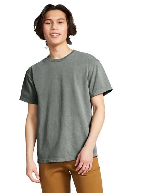 Person wearing a gray t-shirt with black sleeves on a white background