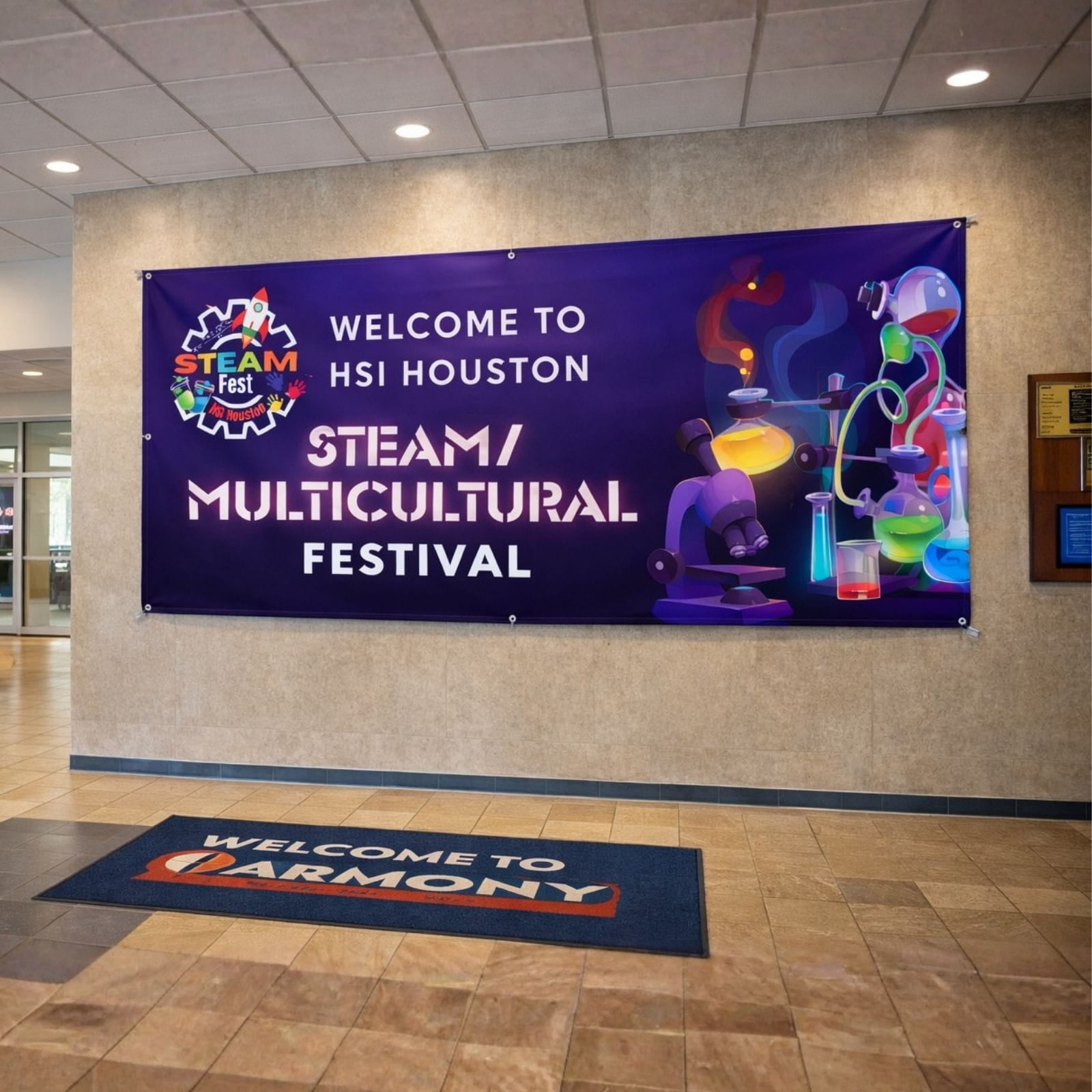 Promotional graphic for HSI Houston STEAM Multicultural Festival with scientific equipment on a dark background.