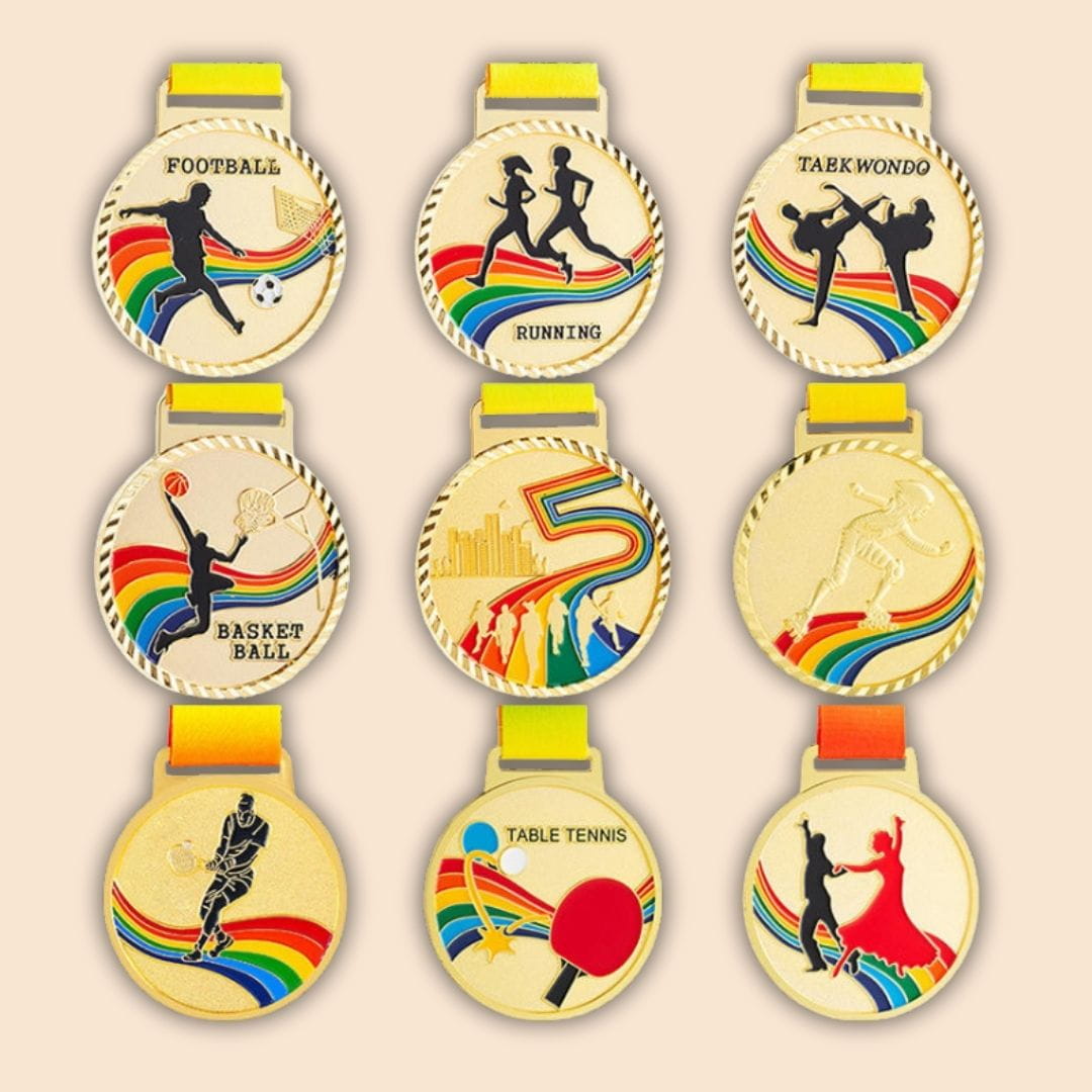 Set of medals with sports illustrations and rainbow designs on a beige background