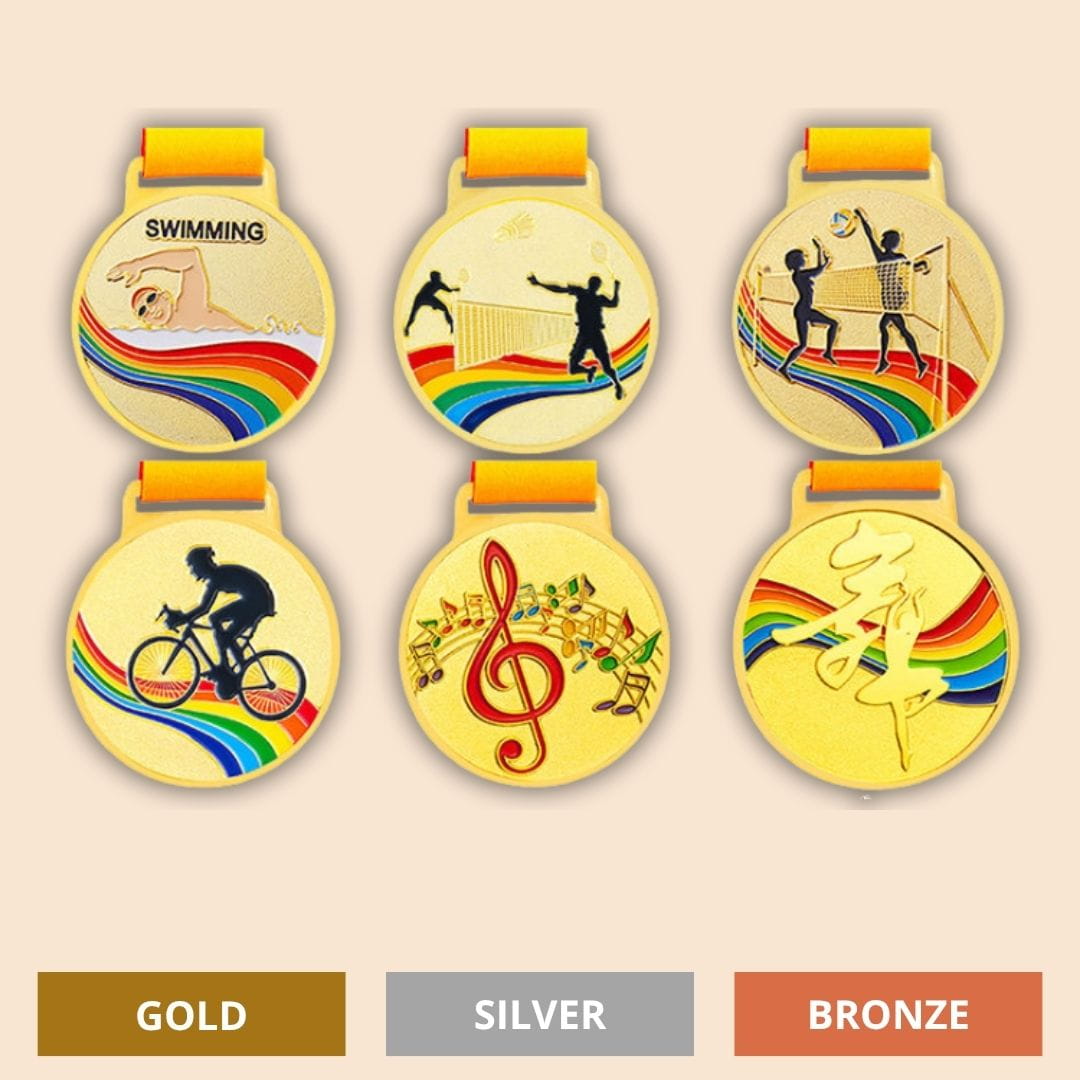 Set of gold, silver, and bronze medals with sports-themed designs on a beige background.