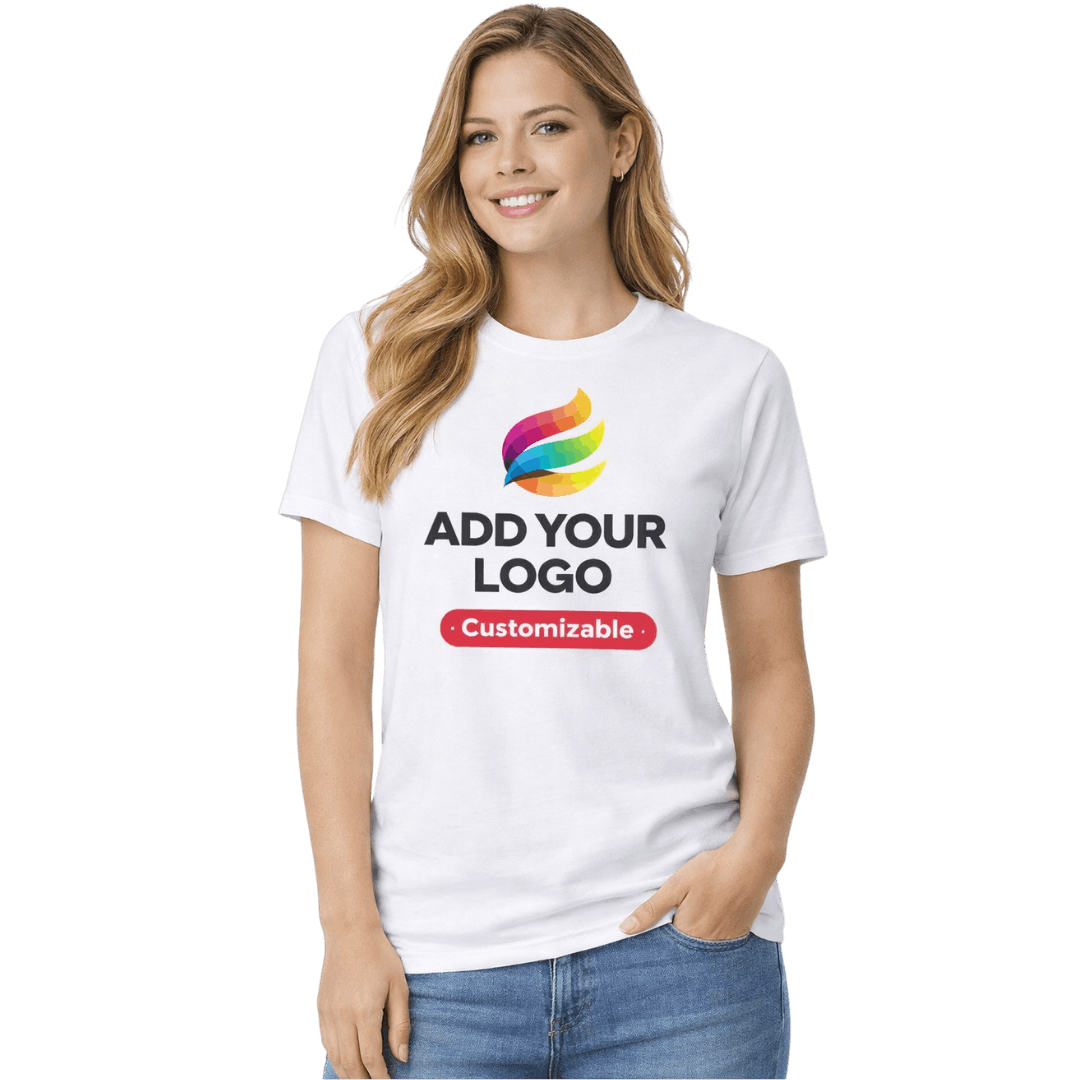 Woman wearing a customizable t-shirt with text 'Add Your Logo' and a colorful logo.