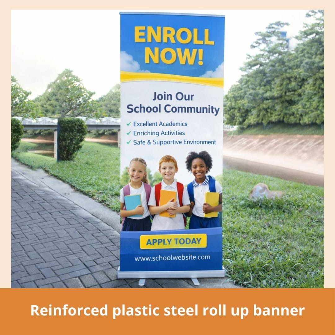 School enrollment banner with children and text on a grassy area