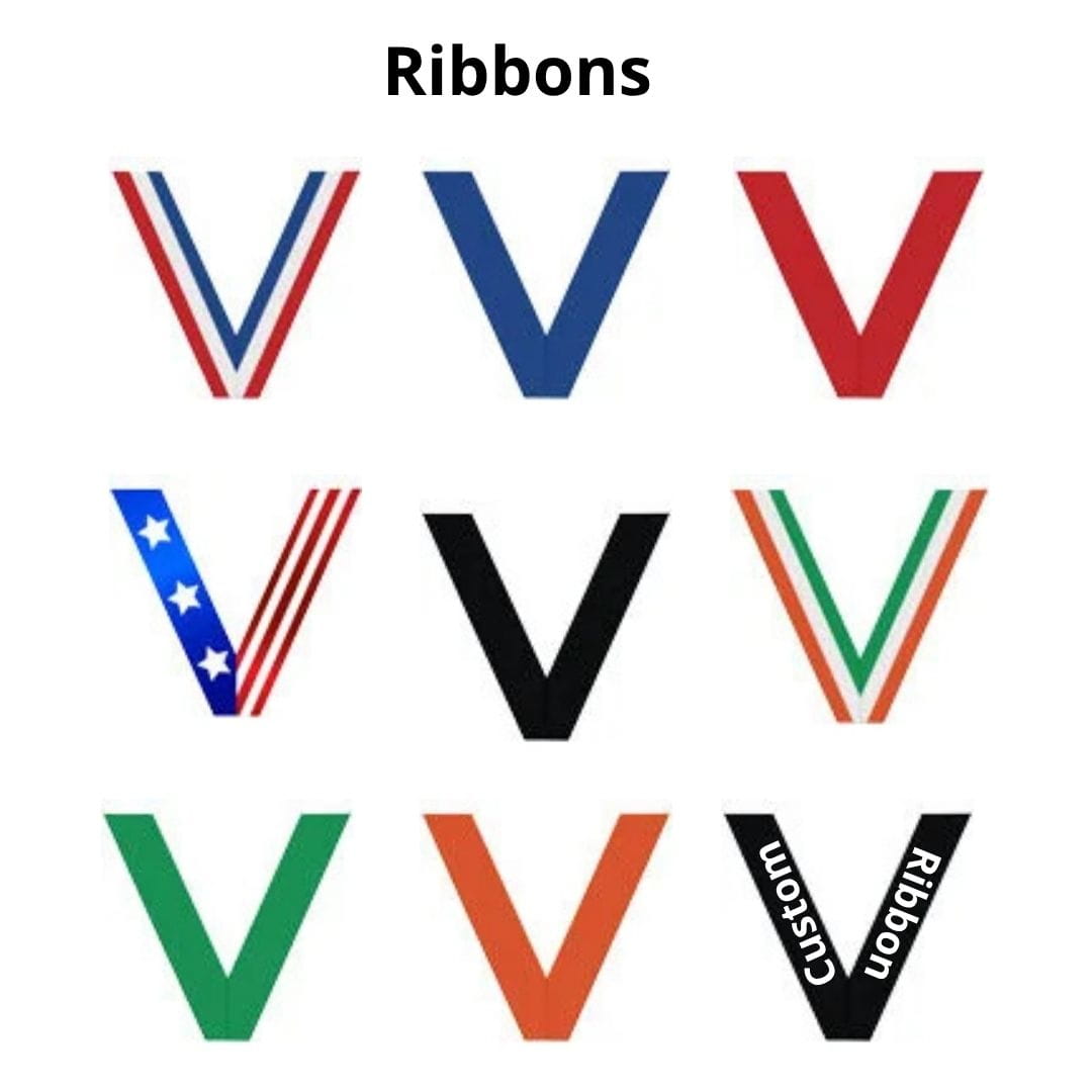 Collection of ribbons with various designs and colors on a white background