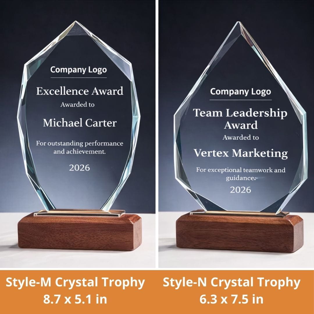 Two crystal trophies with wooden bases, one for individual achievement and one for team leadership, on a gradient background.