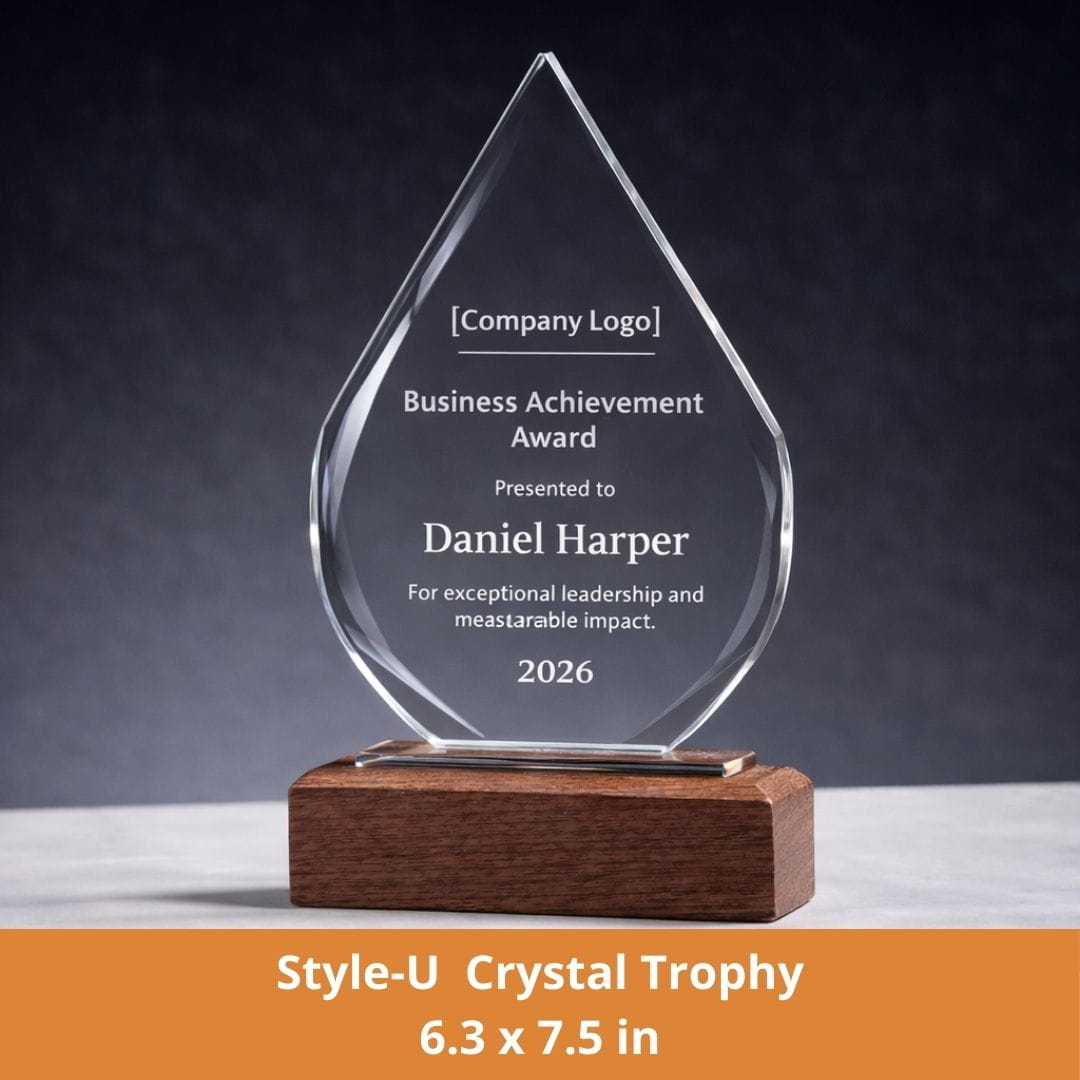 Crystal trophy with wooden base on a dark background, featuring text and a company logo.