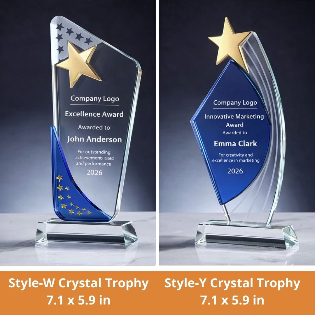 Two crystal trophies with engraved text on a dark background