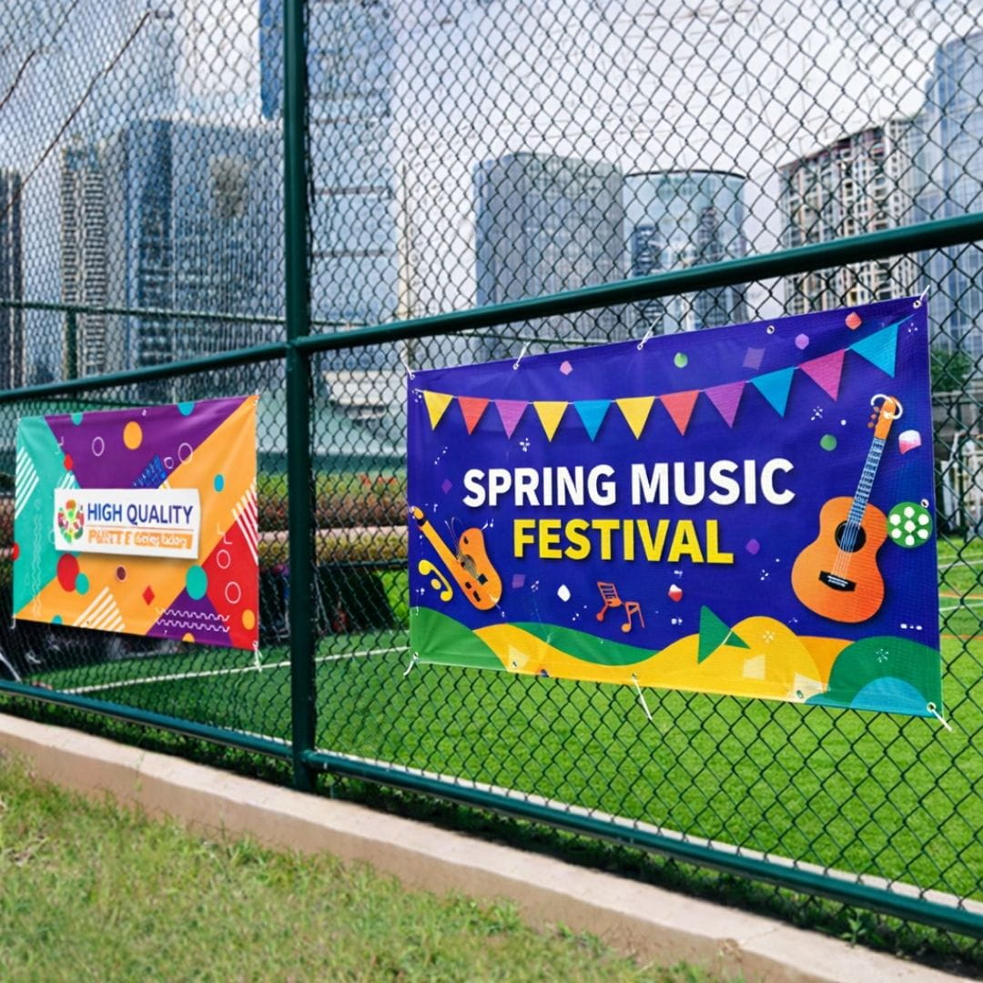 Colorful 'Spring Music Festival' banner with musical instruments on a chain-link fence.