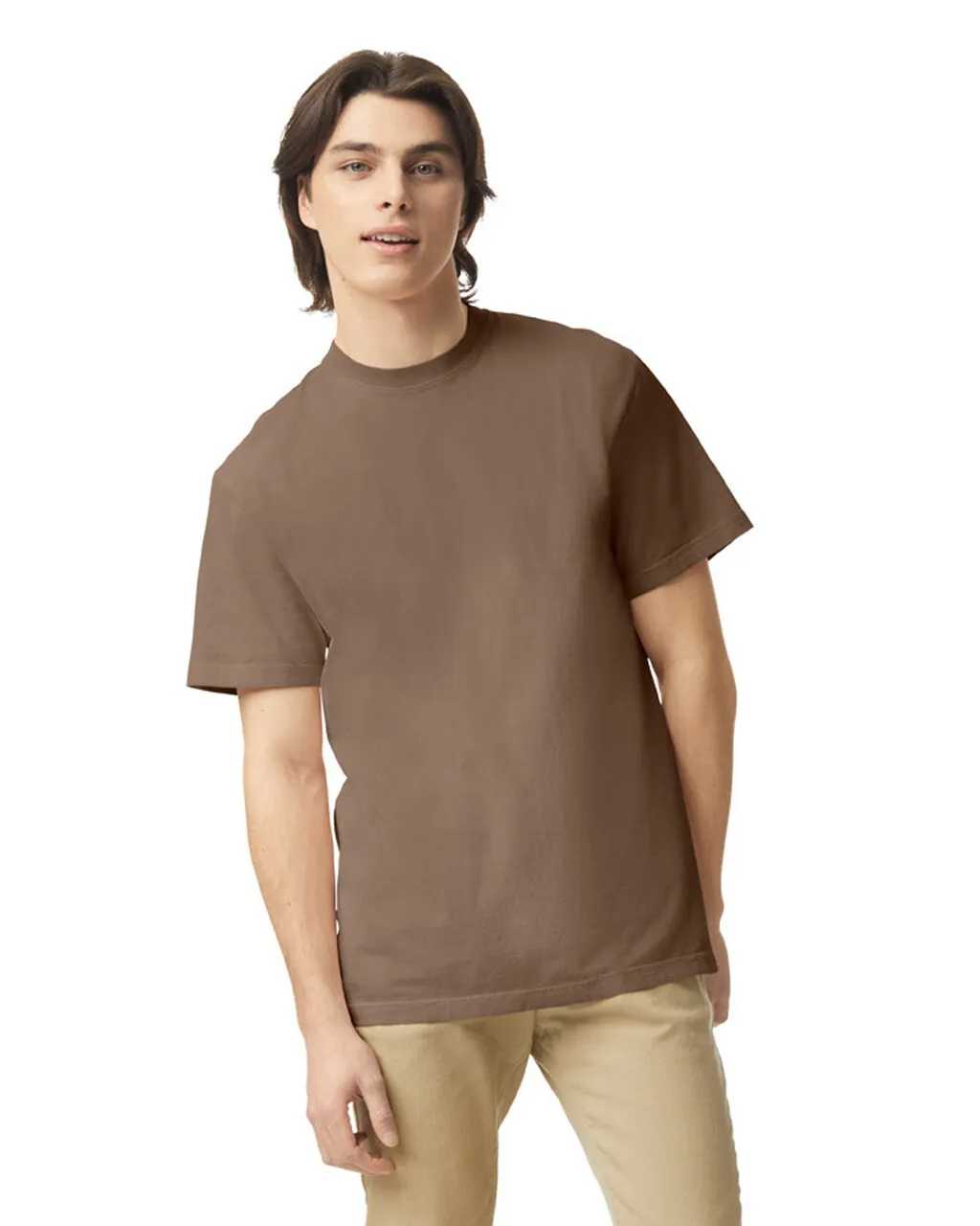 Man wearing a brown t-shirt on a white background