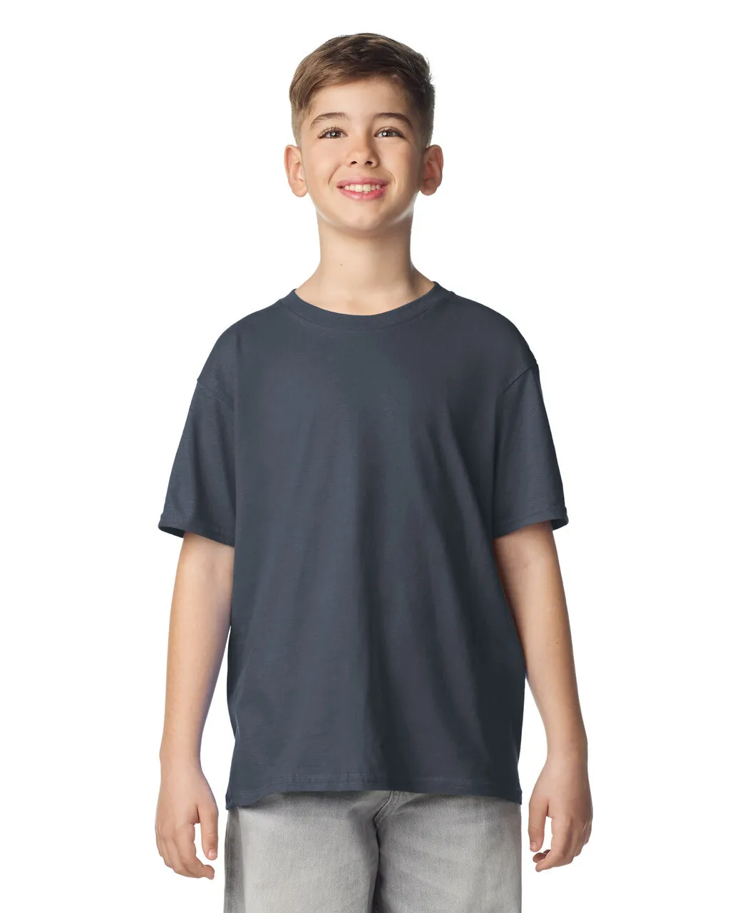 Child wearing a navy blue t-shirt on a white background