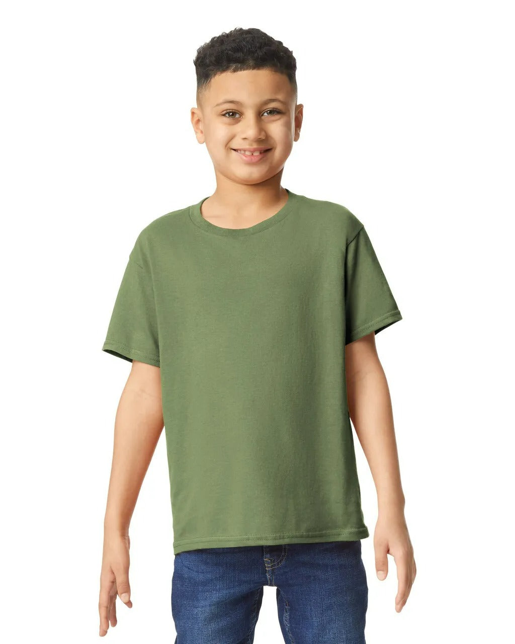 Child wearing an olive green t-shirt on a white background