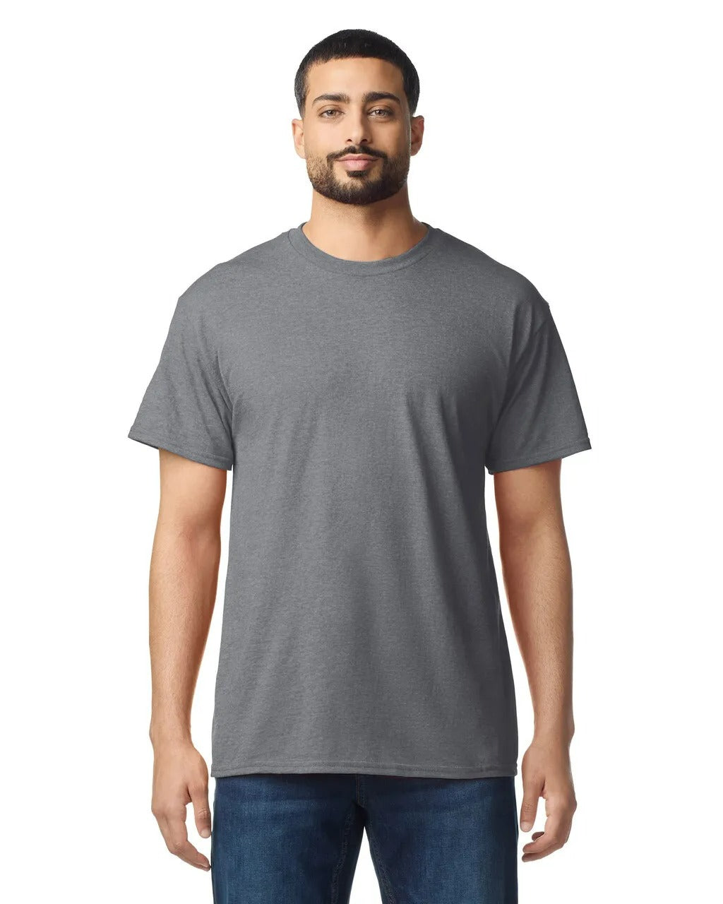 Man wearing a gray t-shirt on a white background