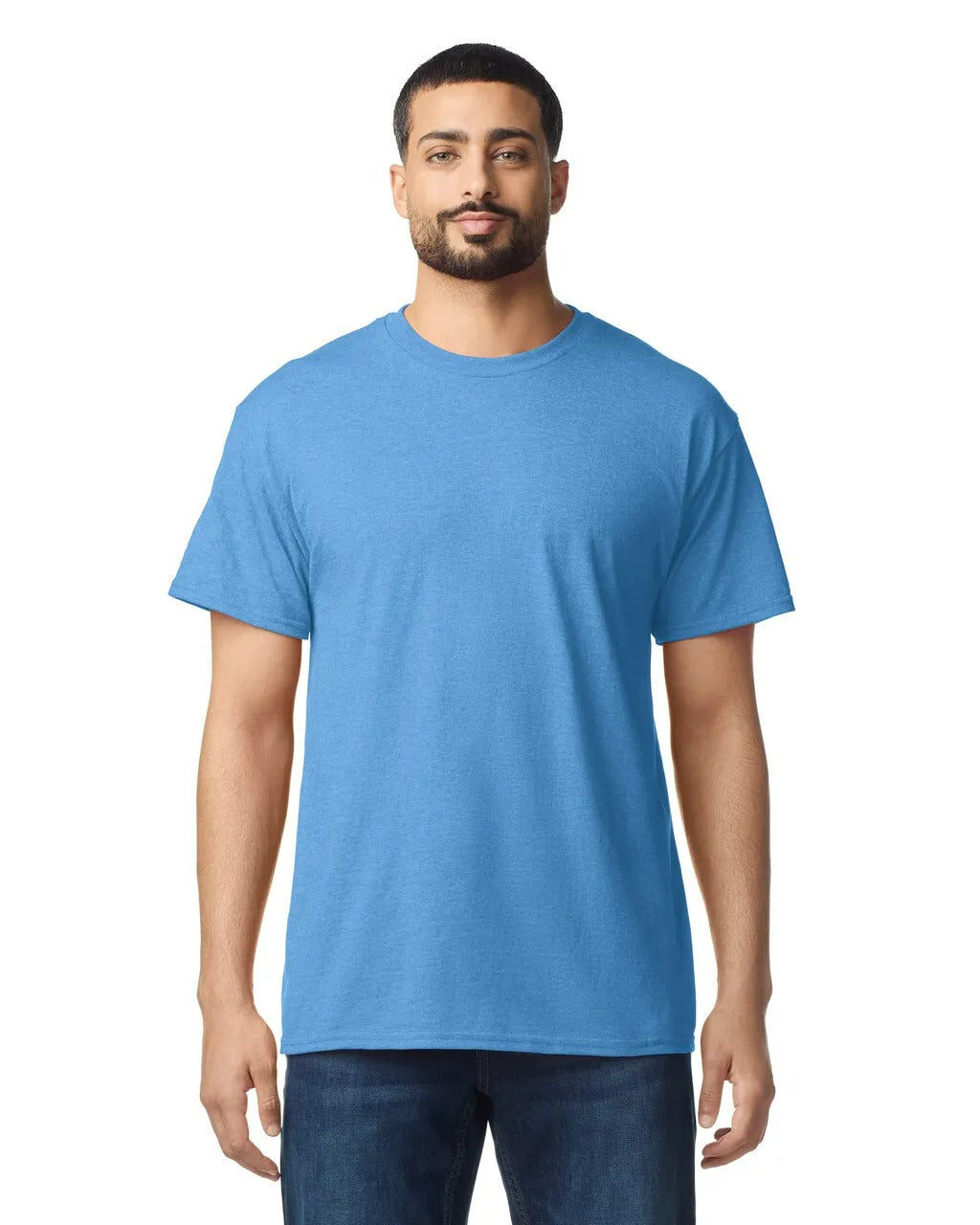 Man wearing a blue t-shirt on a white background