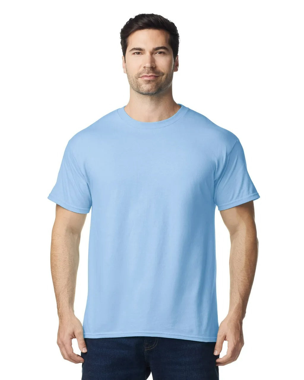 Man wearing a light blue t-shirt on a white background