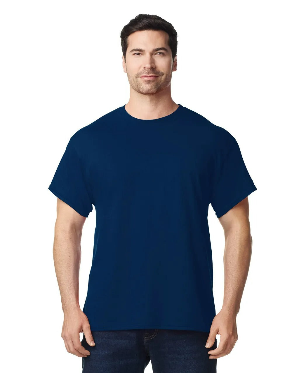 Man wearing a navy blue t-shirt on a white background
