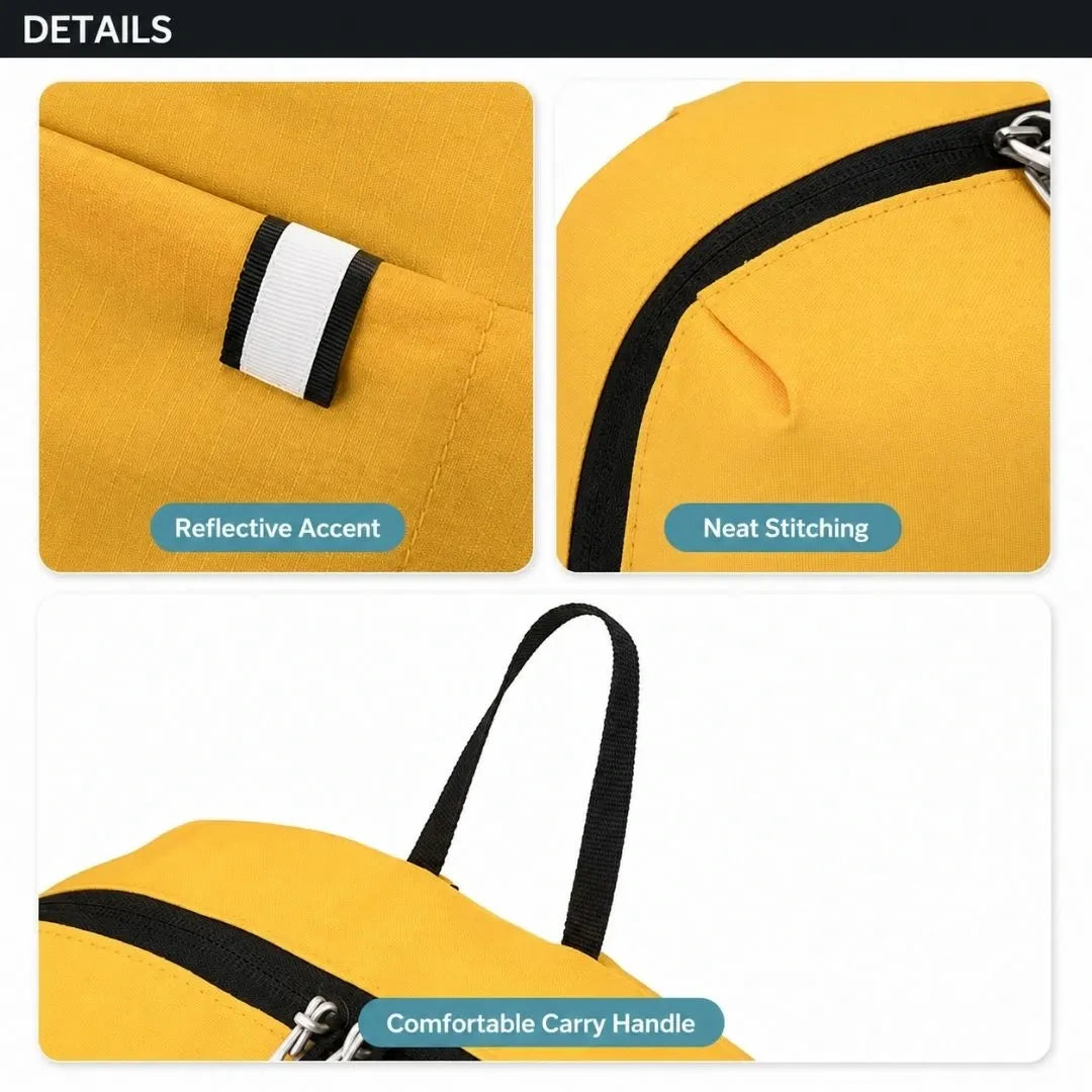 Three-panel product detail view of a yellow bag with black trim and a white reflective accent strip. Text labels highlight reflective accent, neat stitching, and comfortable carry handle.