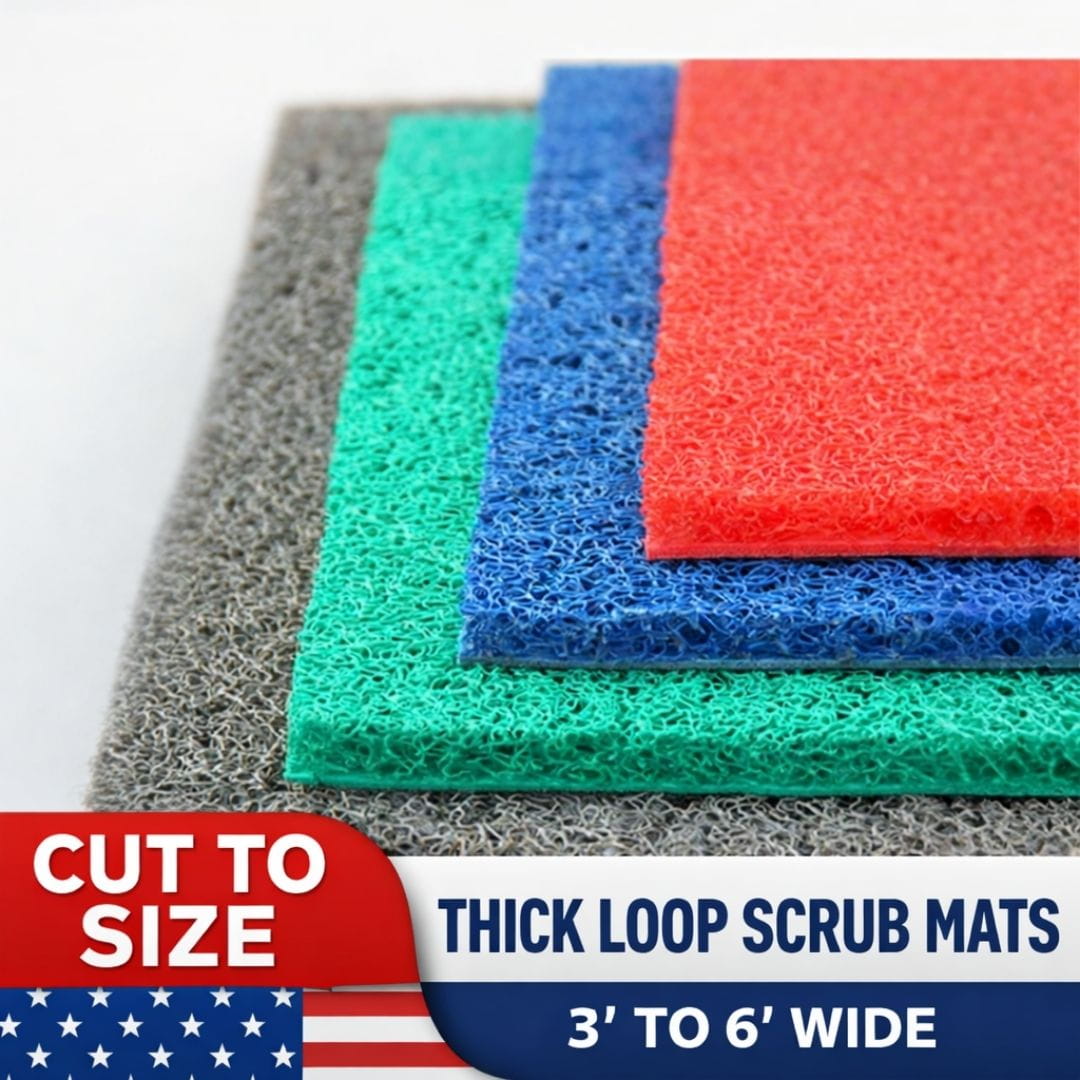 Four thick loop scrub mats in gray, green, blue, and red with text indicating cut-to-size availability.