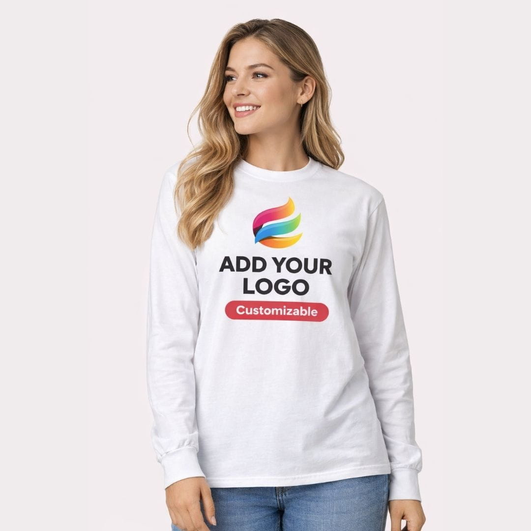 Woman wearing a customizable white long-sleeve shirt with text and logo options.