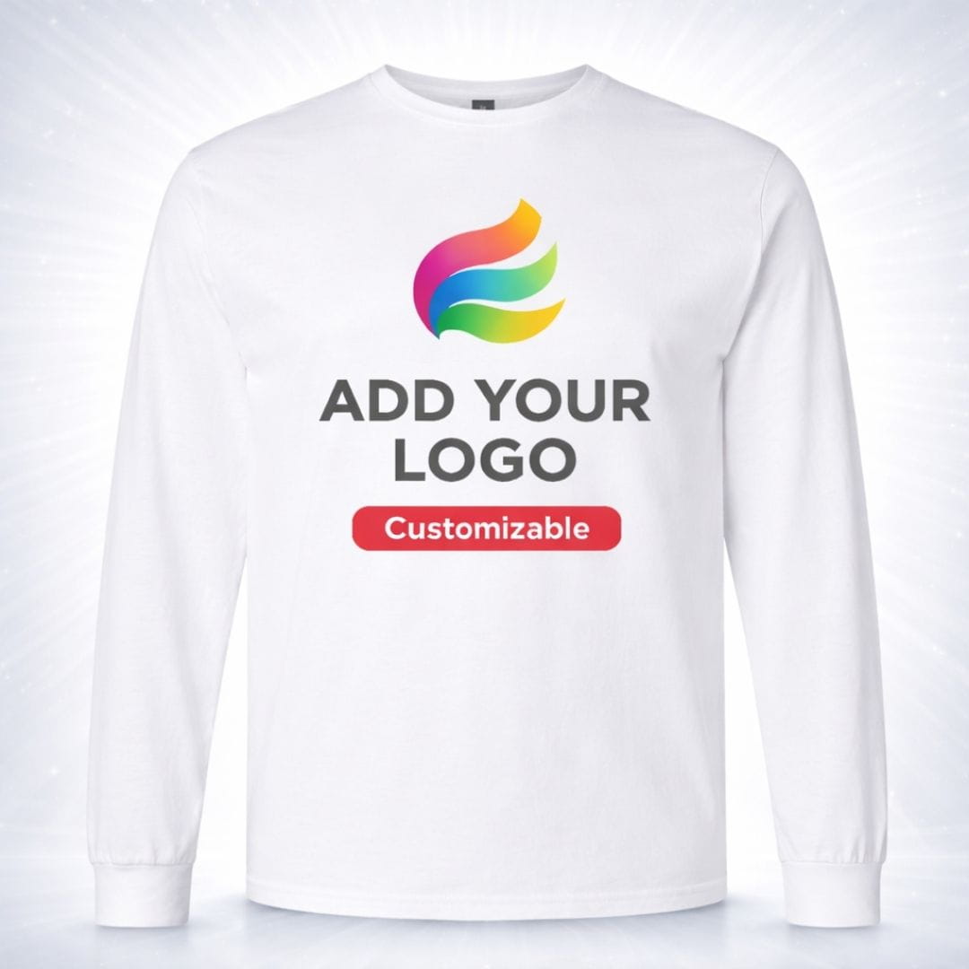 White sweatshirt with customizable logo option on a white background