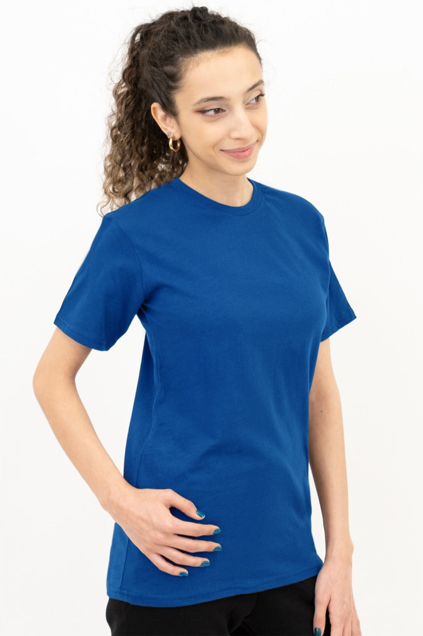Woman wearing a blue t-shirt on a white background