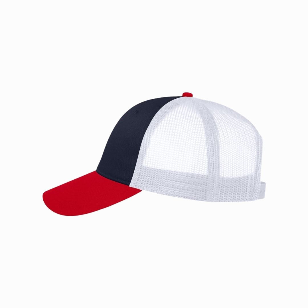Color-blocked cap with red, black, and white on a white background