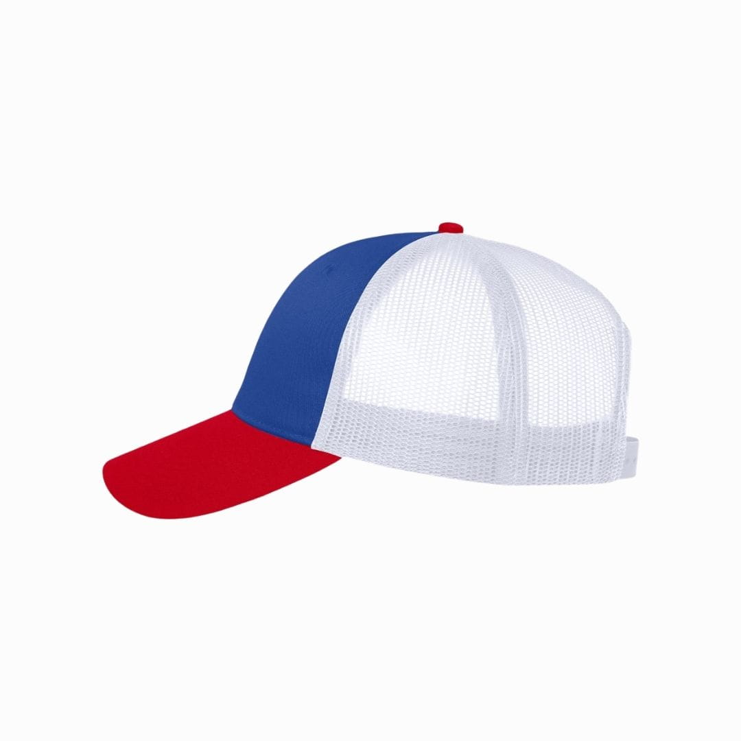 Color-blocked cap with red, blue, and white sections on a white background