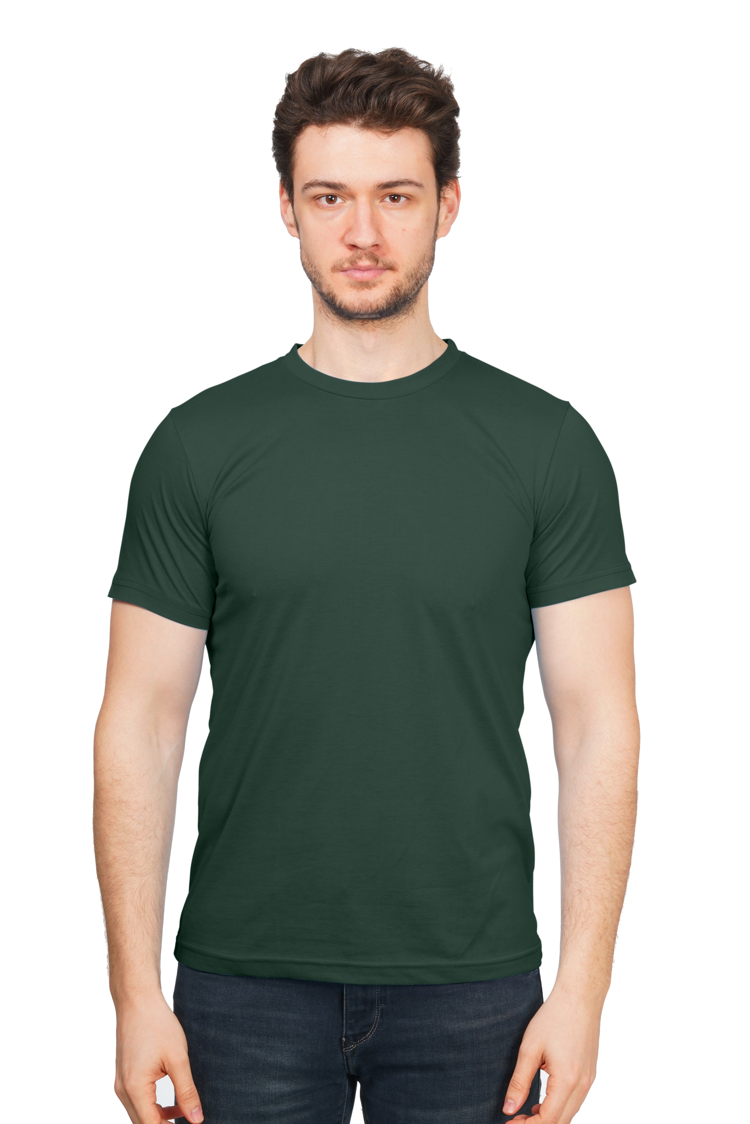 Man wearing a dark green t-shirt on a white background