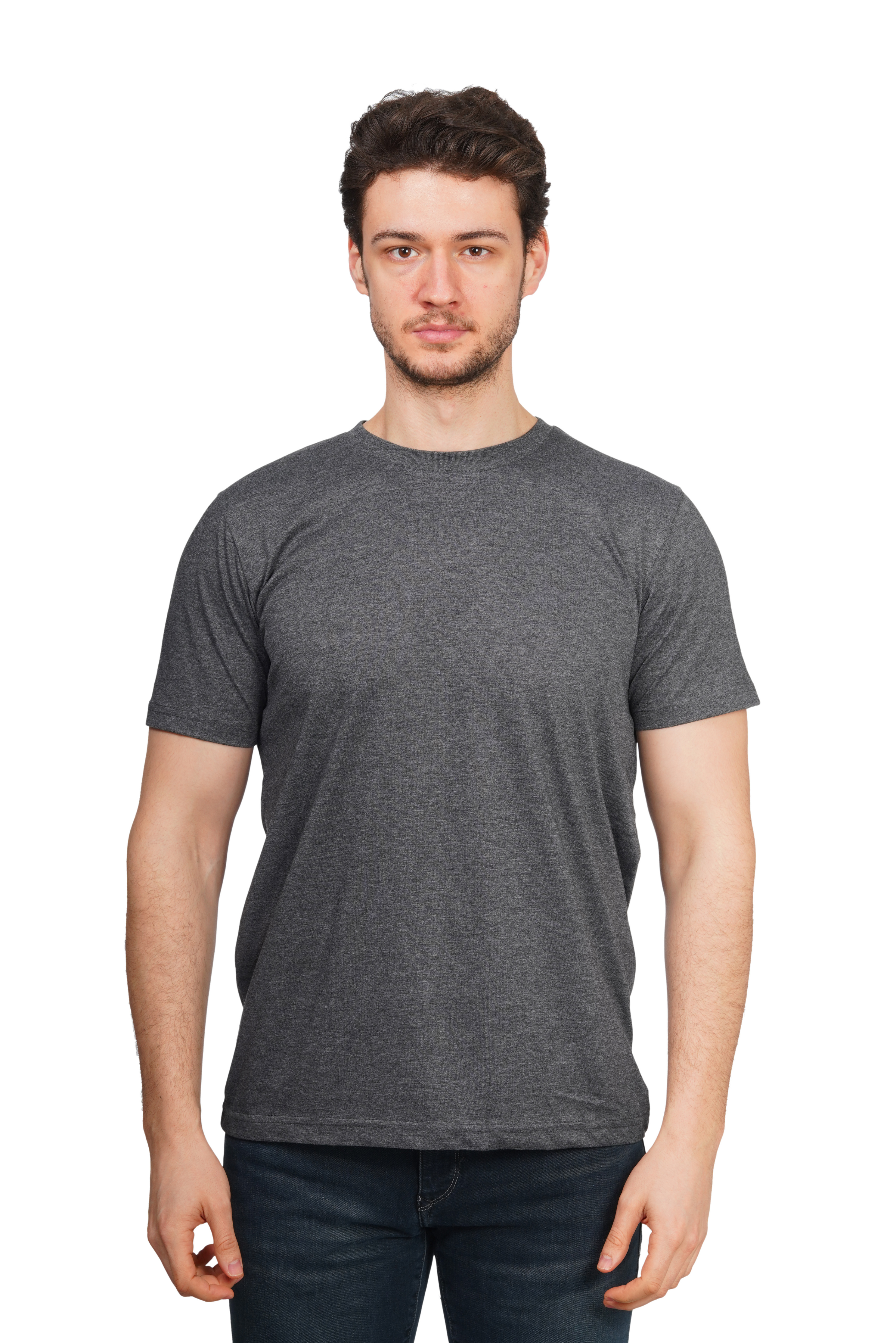 Man wearing a gray t-shirt on a white background