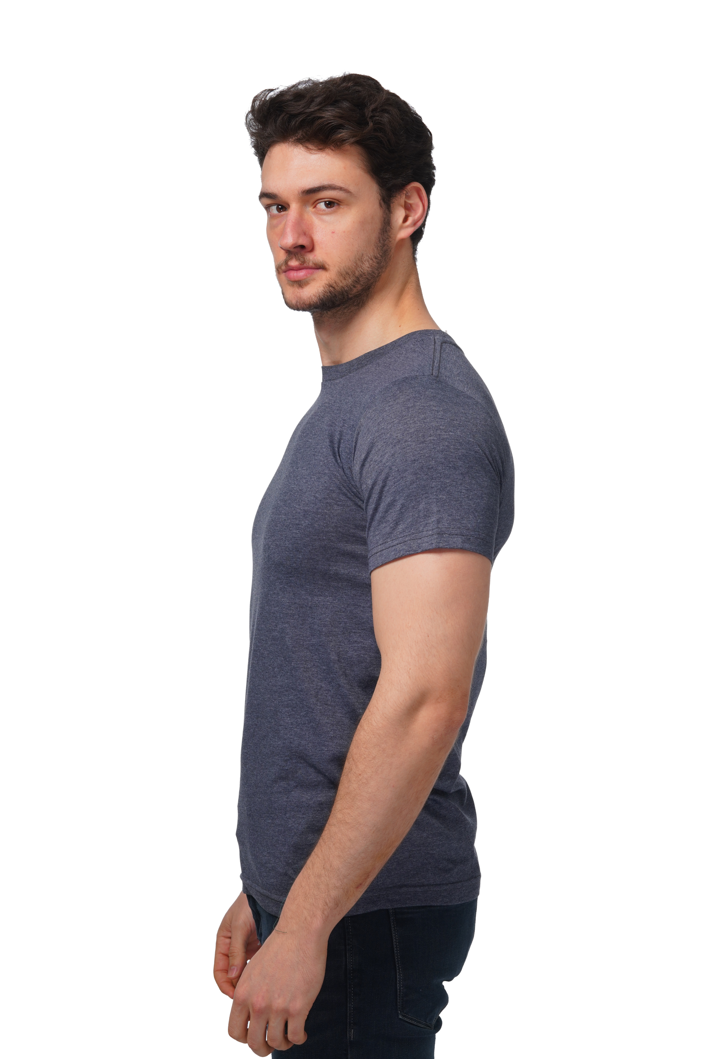 Man wearing a dark gray t-shirt on a white background