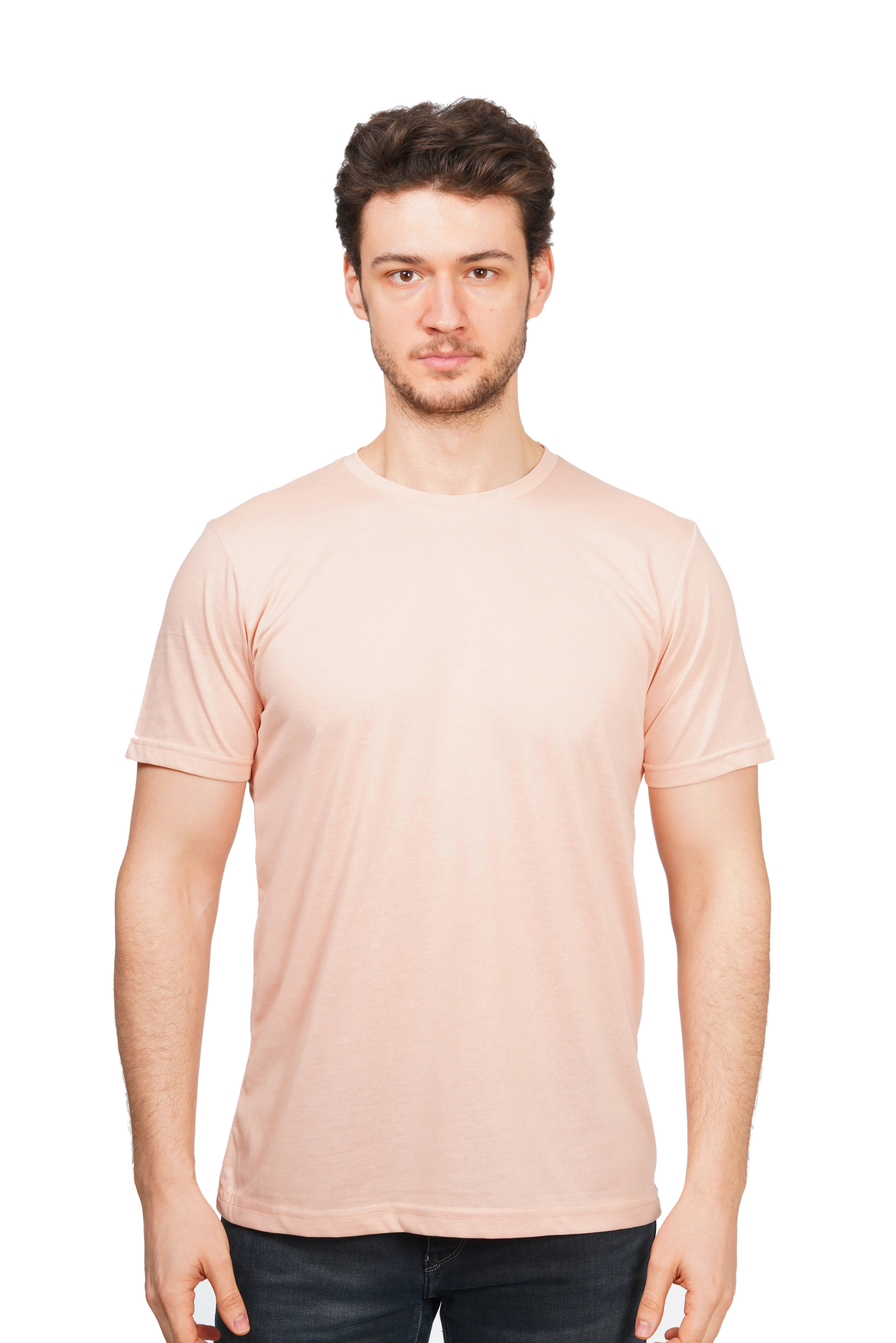 Man wearing a light pink t-shirt on a white background