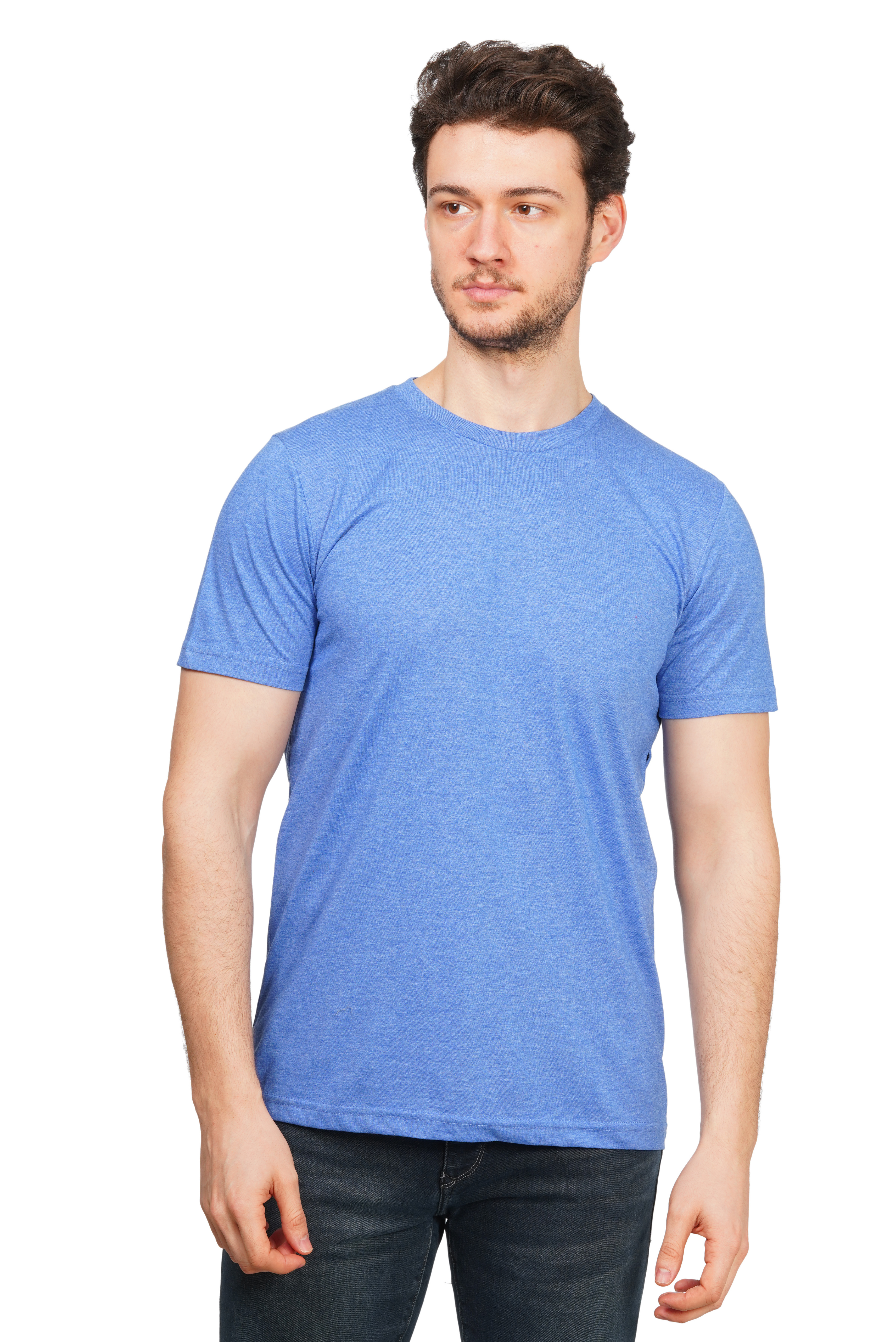 Man wearing a blue t-shirt against a white background
