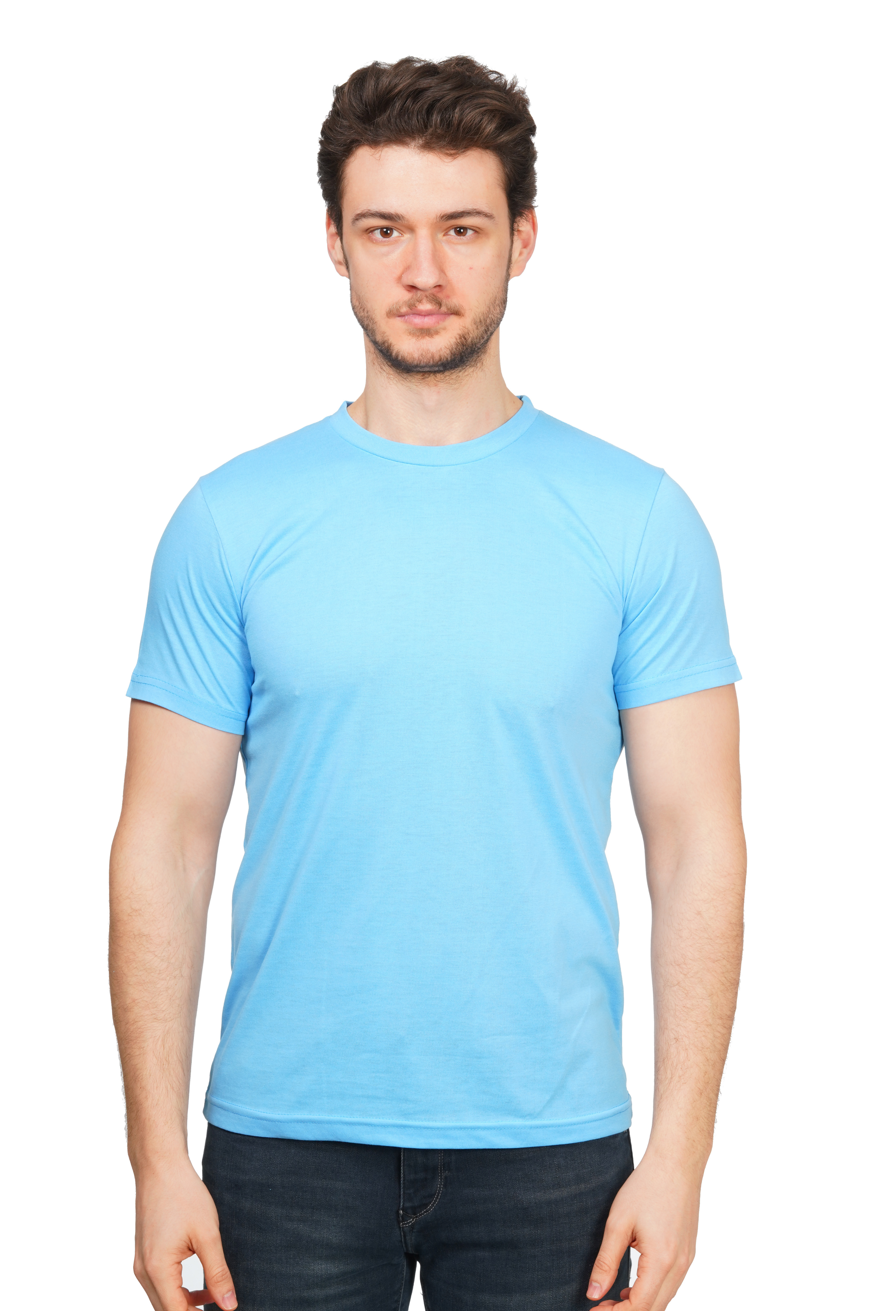 Man wearing a light blue t-shirt on a white background