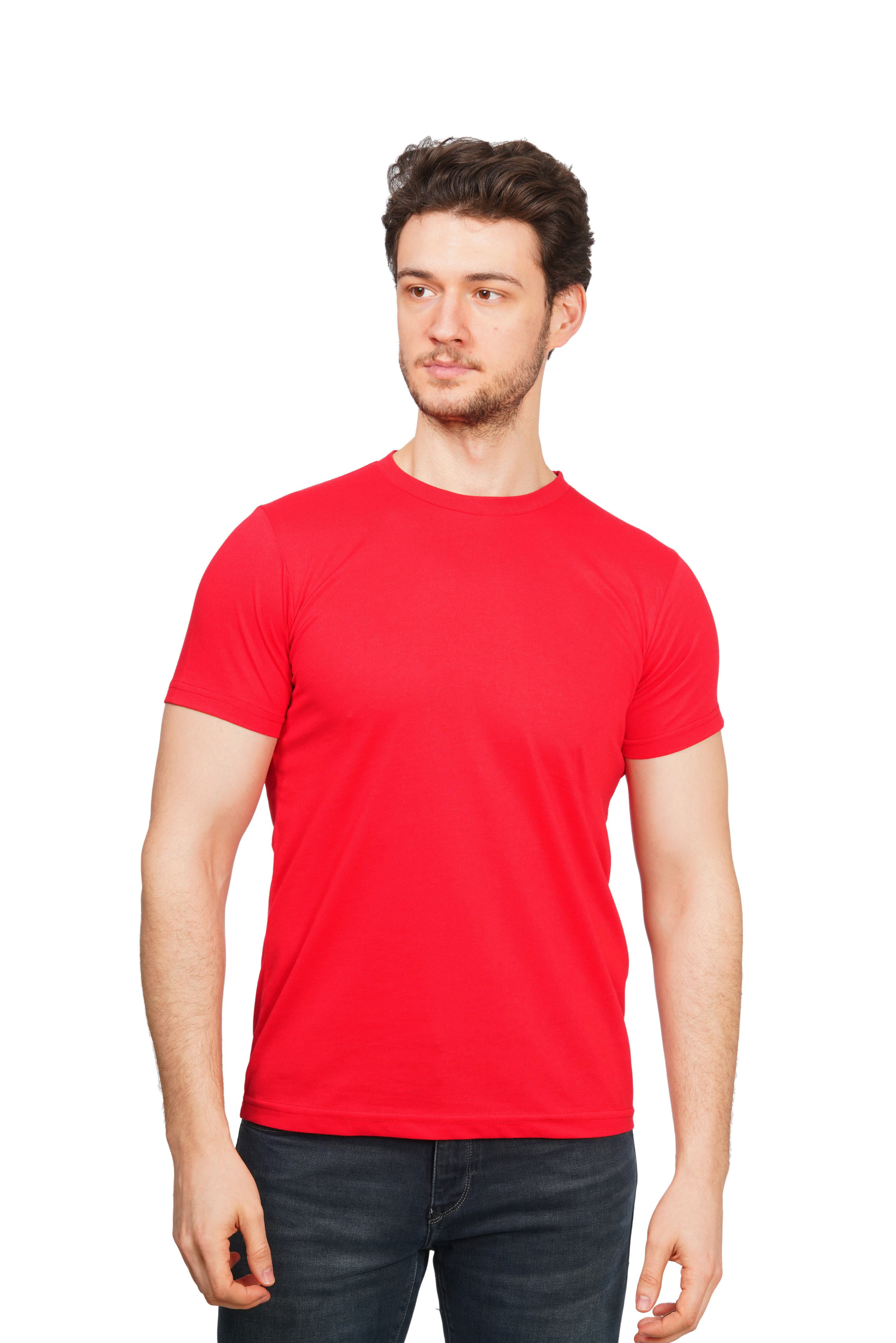 Man wearing a red t-shirt on a white background