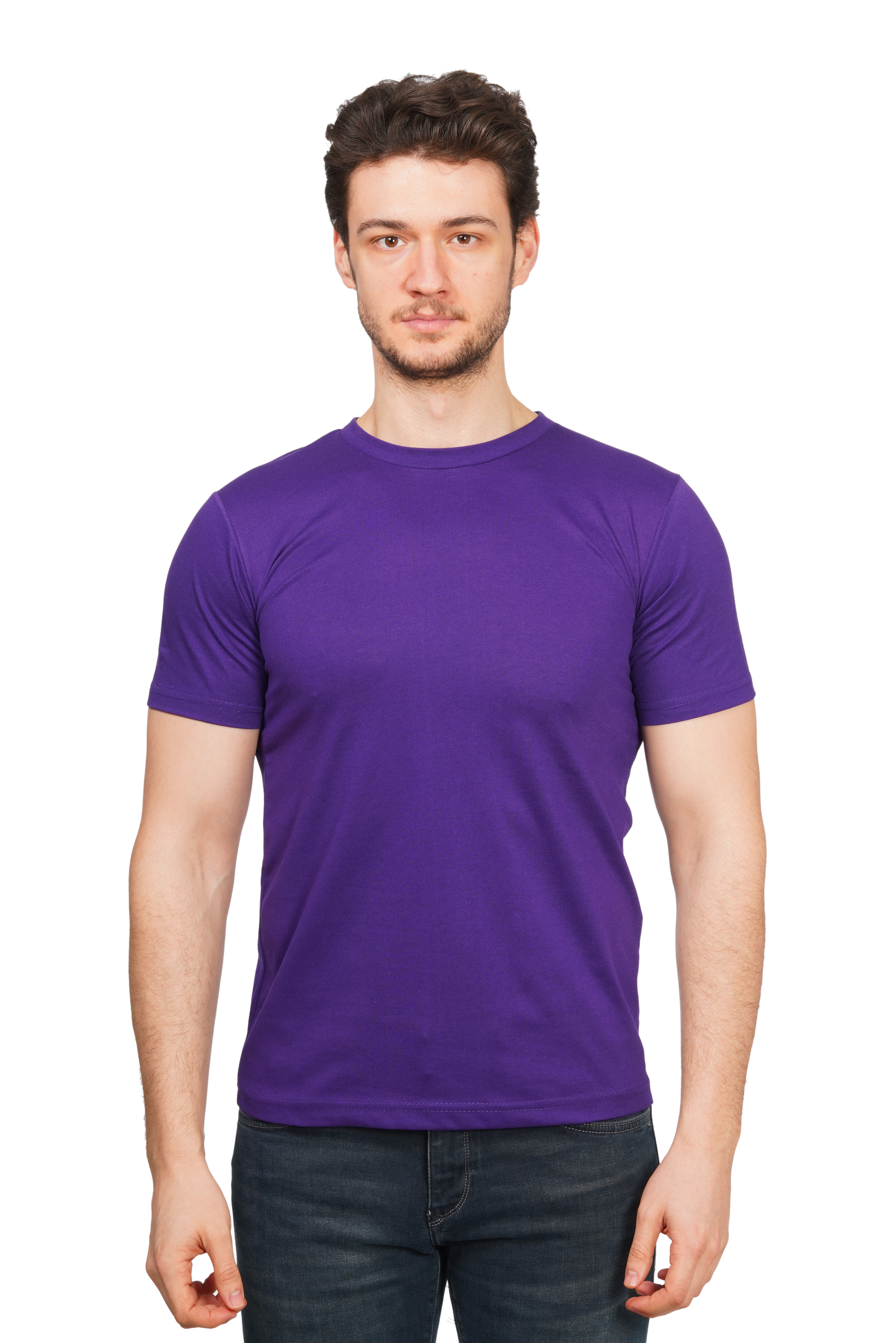 Man wearing a purple t-shirt on a white background
