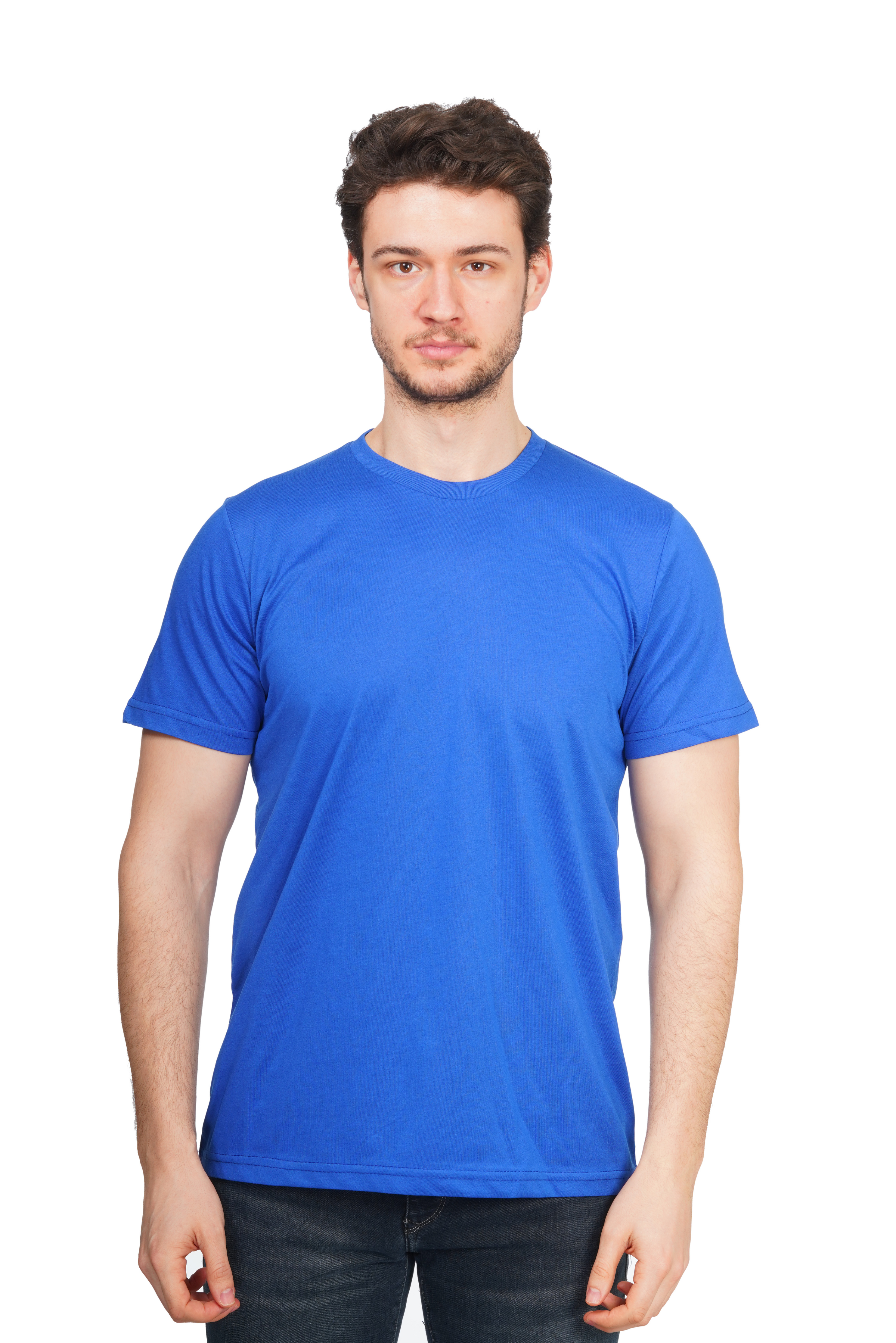Man wearing a blue t-shirt on a white background