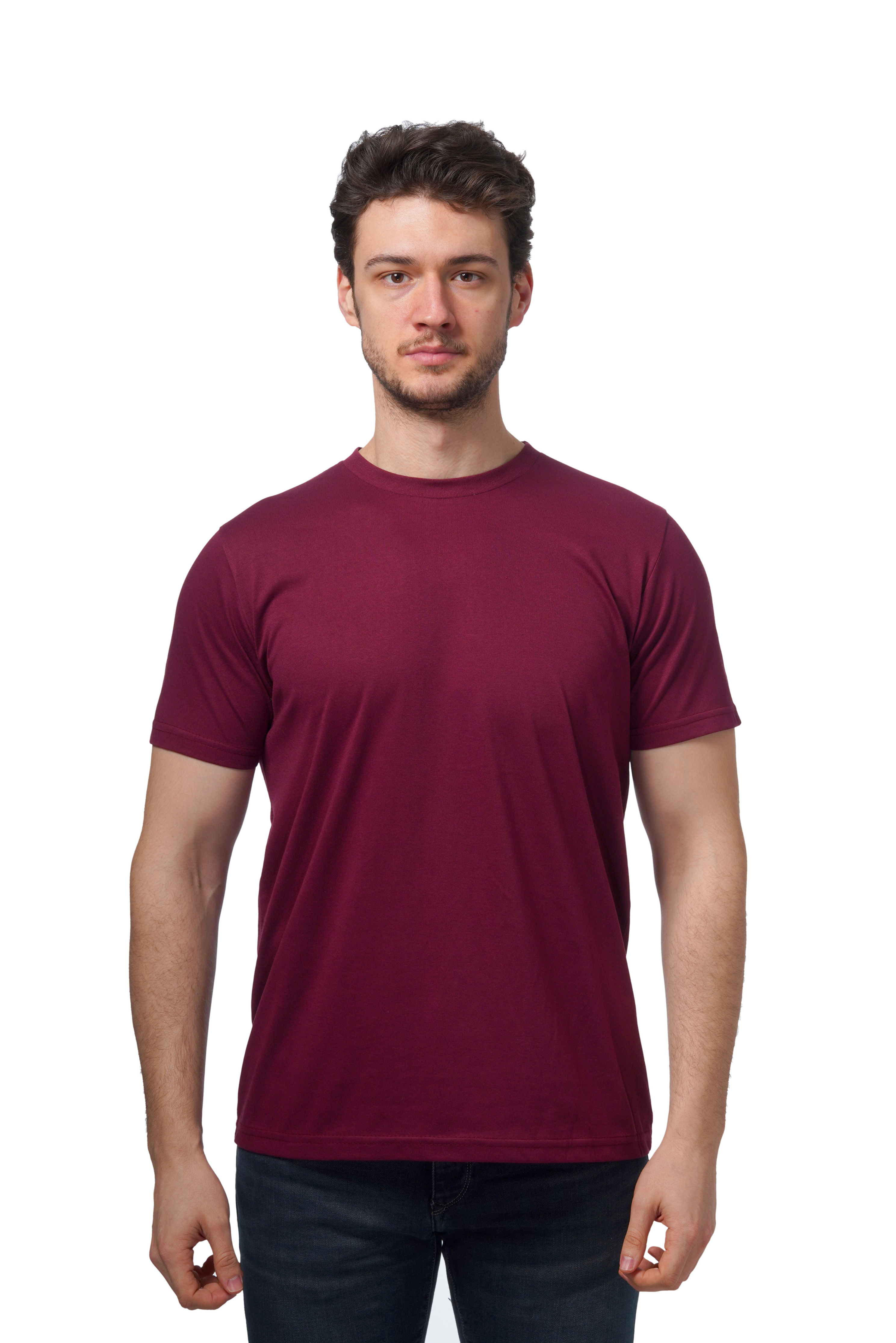 Man wearing a maroon t-shirt on a white background