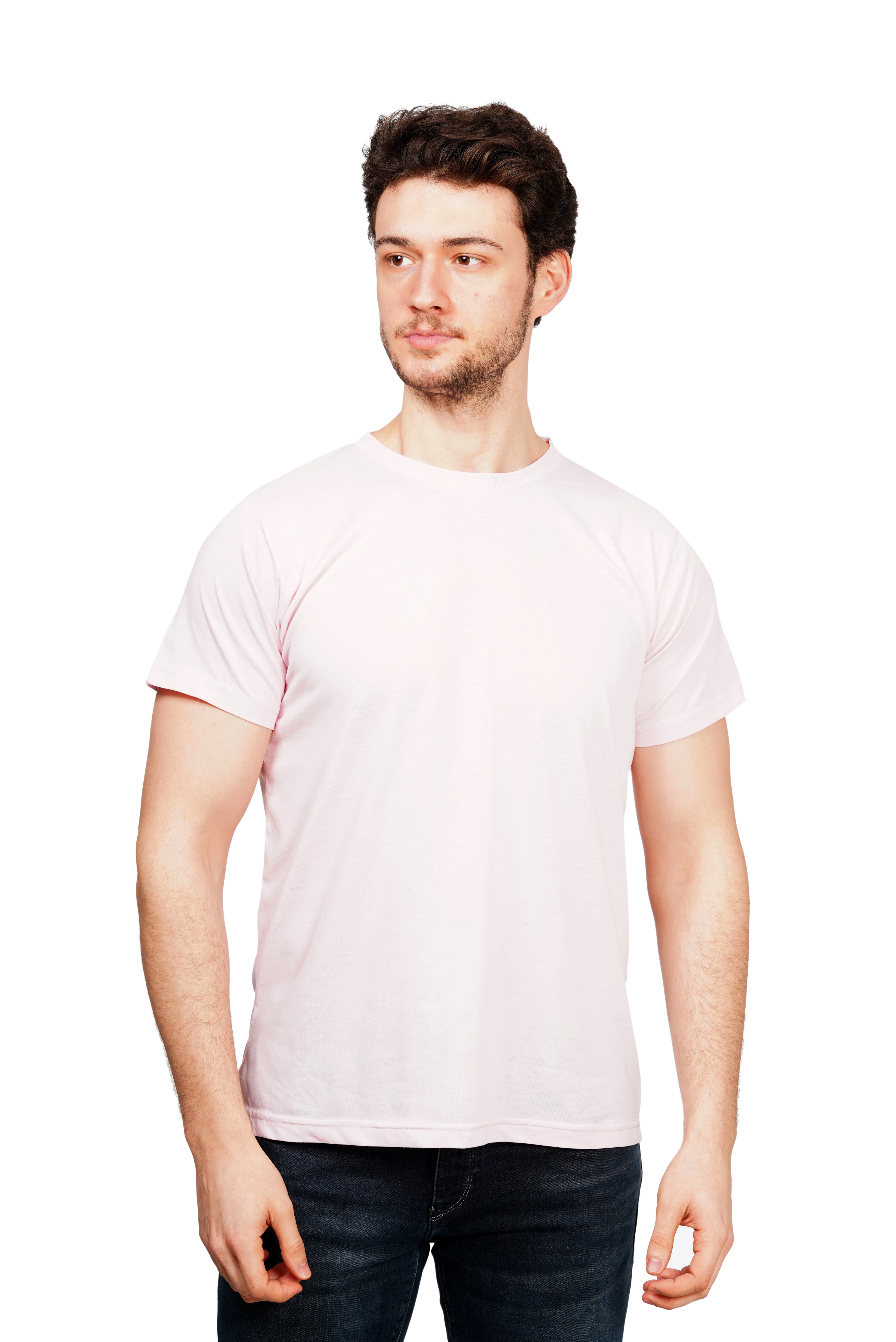 Man wearing a plain white t-shirt on a white background