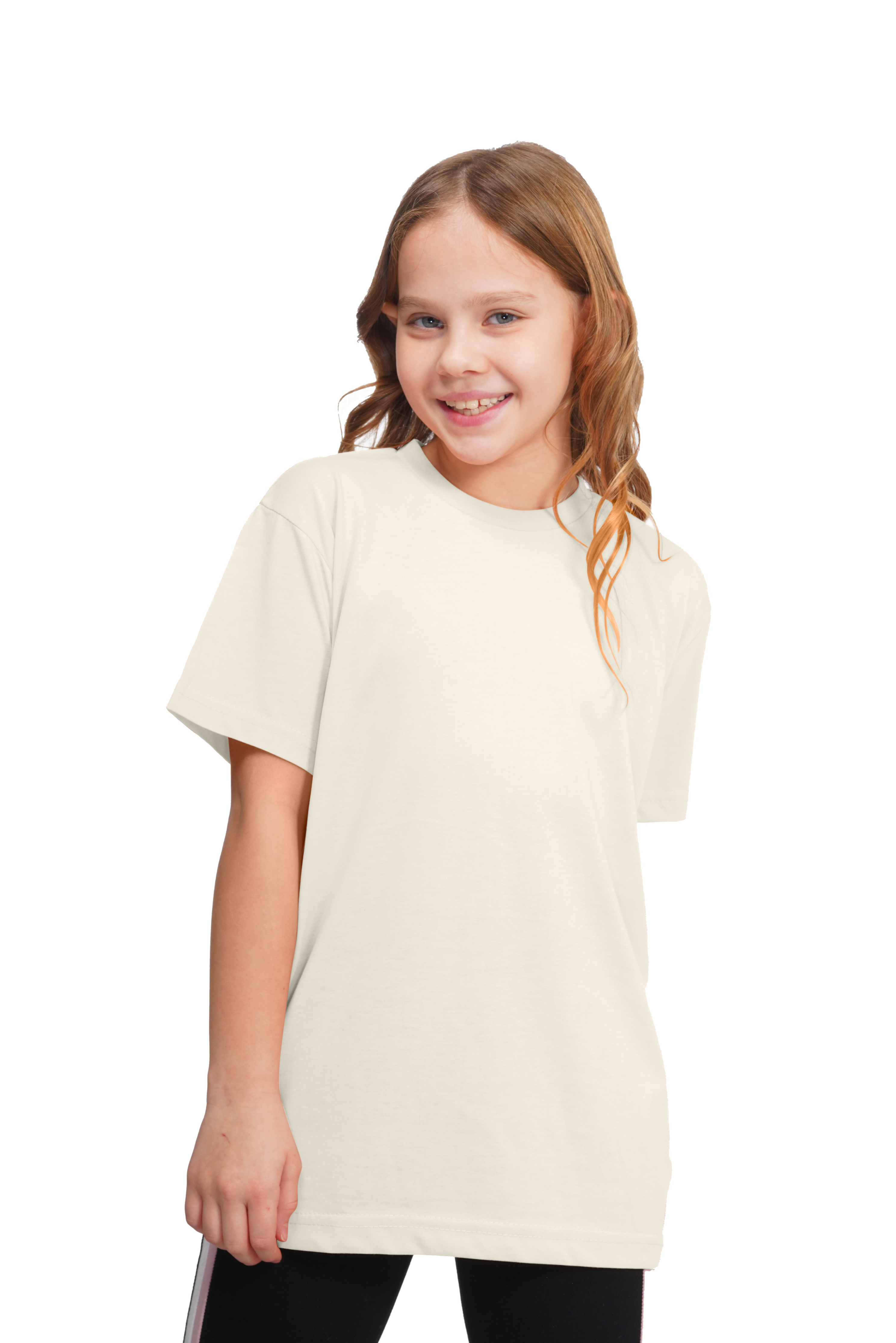 Young girl wearing a beige t-shirt on a white background